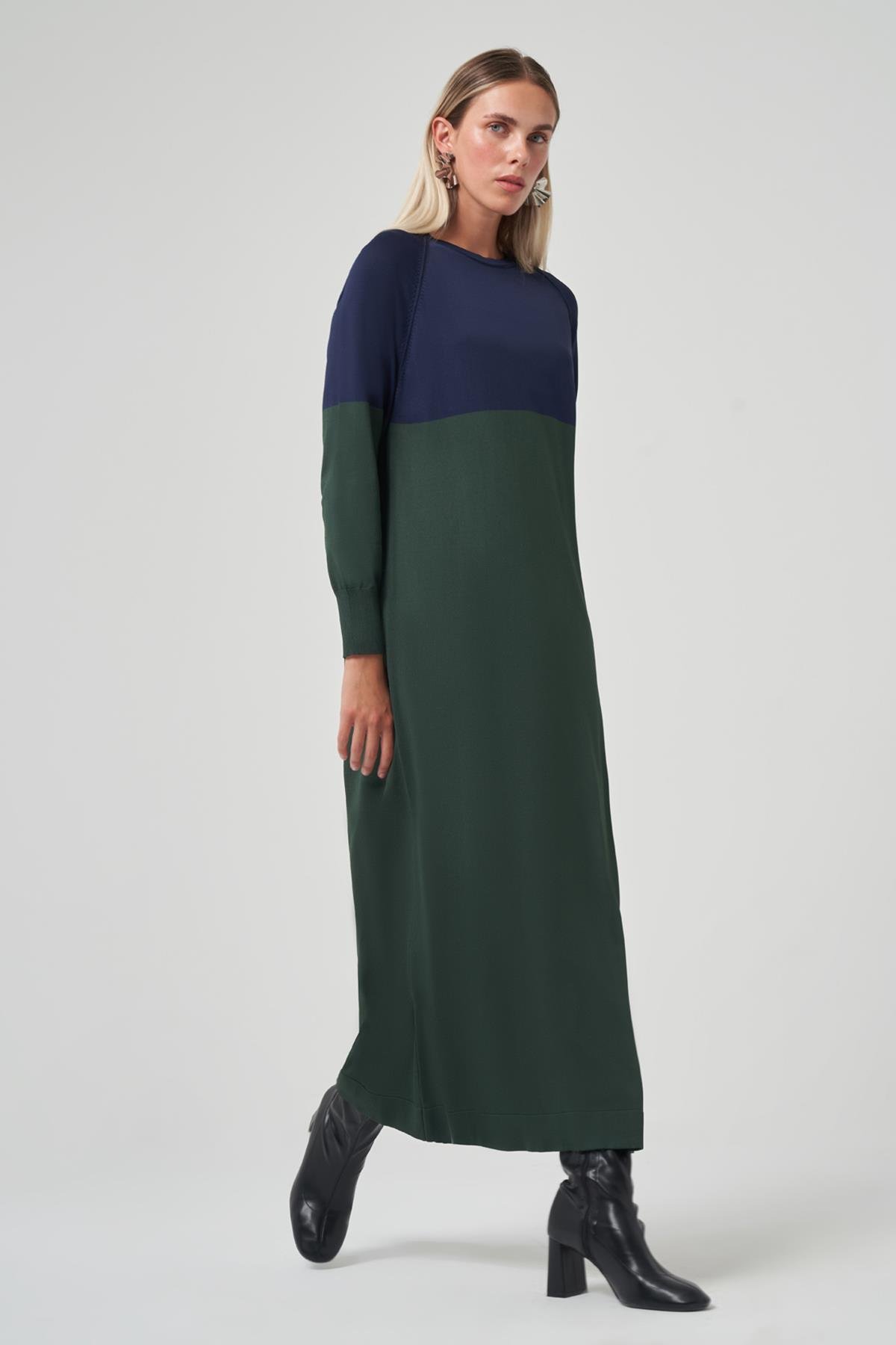 Nuss Renk Geçişli Triko Elbise 508 Yeşil