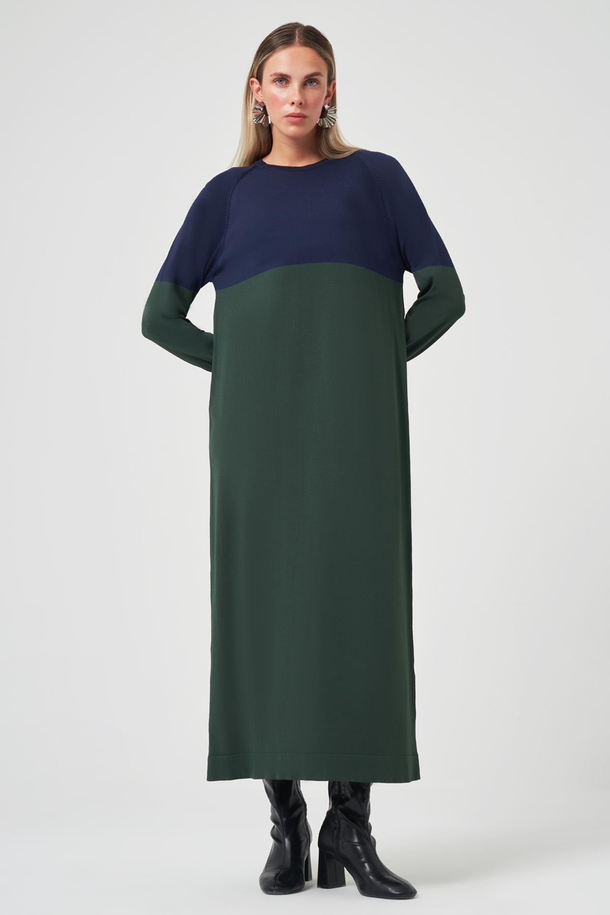 Nuss Renk Geçişli Triko Elbise 508 Yeşil