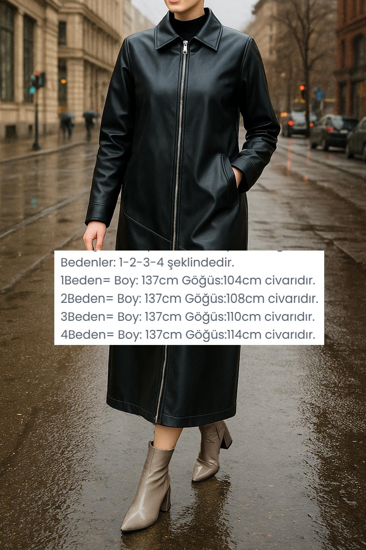 Nuss Tam Boy Kap Uzun Fermuarlı Deri Ceket 6015 Siyah