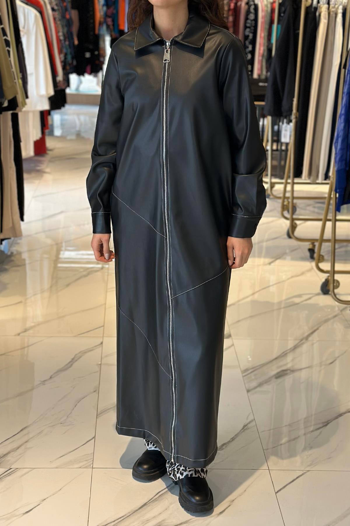 Nuss Tam Boy Kap Uzun Fermuarlı Deri Ceket 6015 Siyah