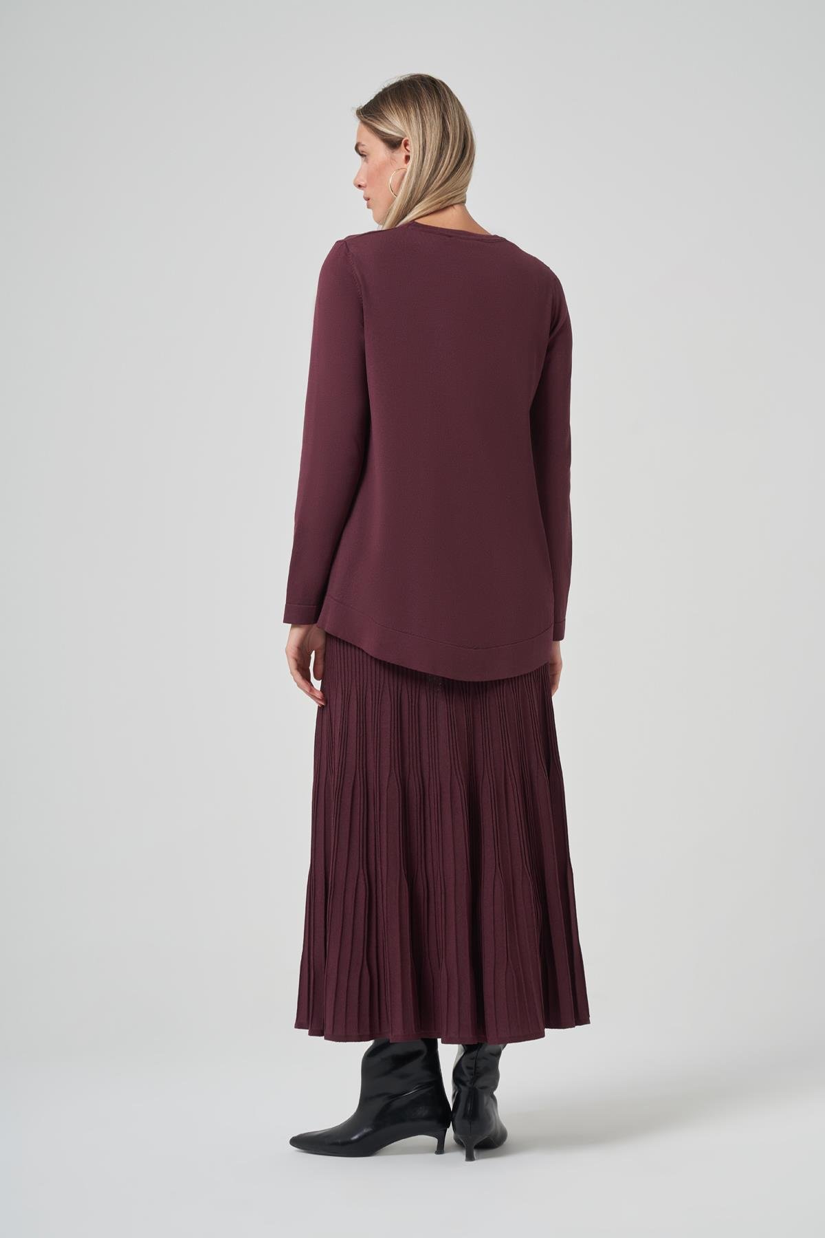 Nuss Taş Detay Etekli Triko Takım 1352 Vişne