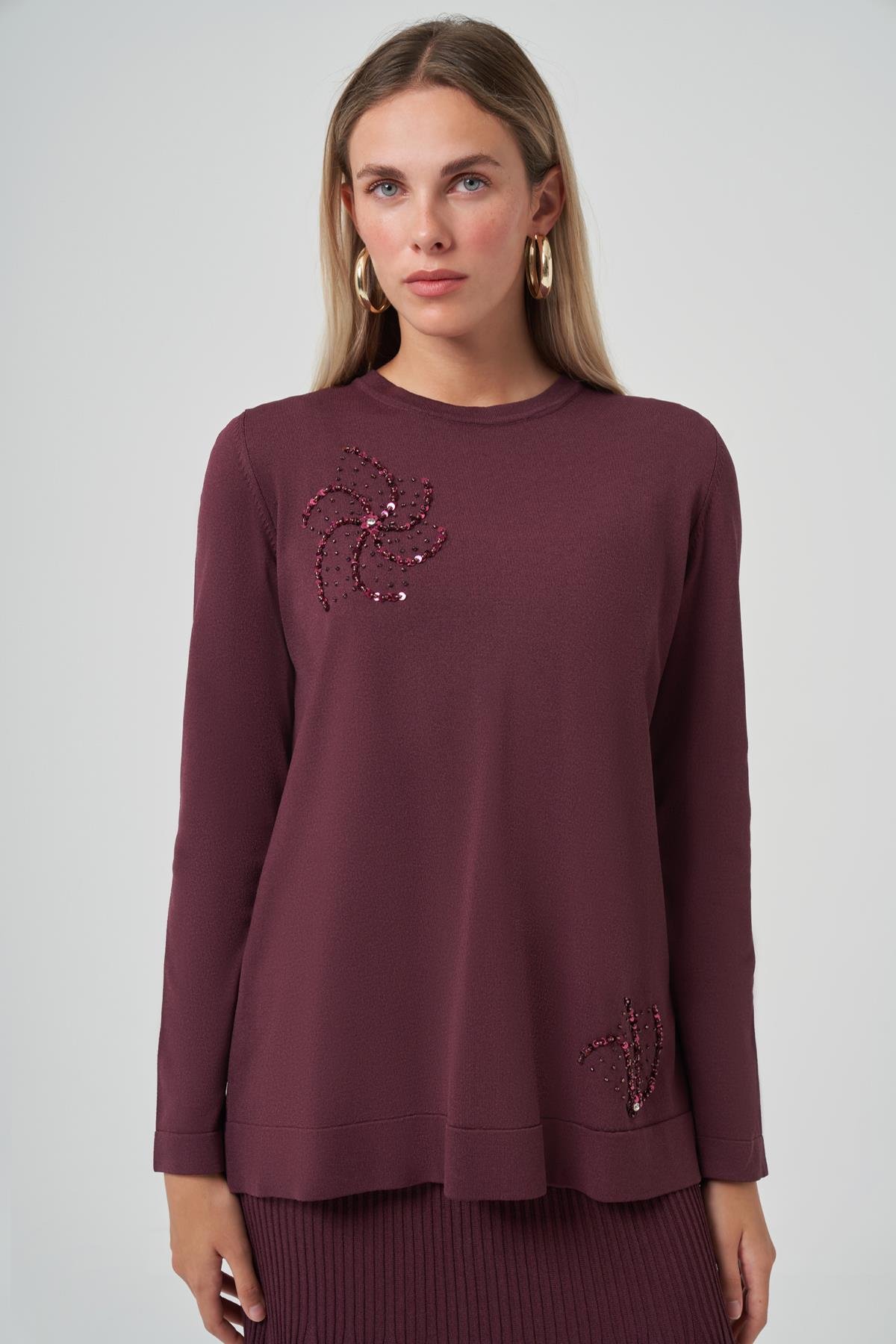 Nuss Taş Detay Etekli Triko Takım 1352 Vişne