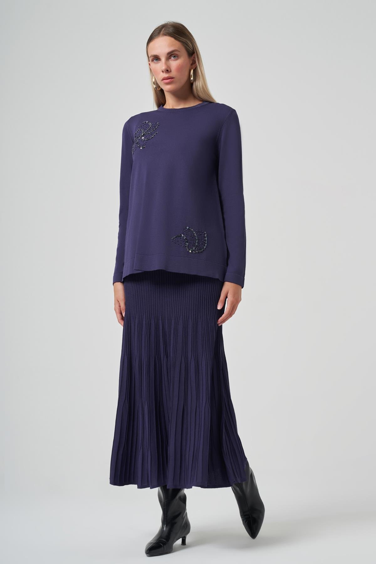 Nuss Taş Detay Etekli Triko Takım 1352 Lacivert