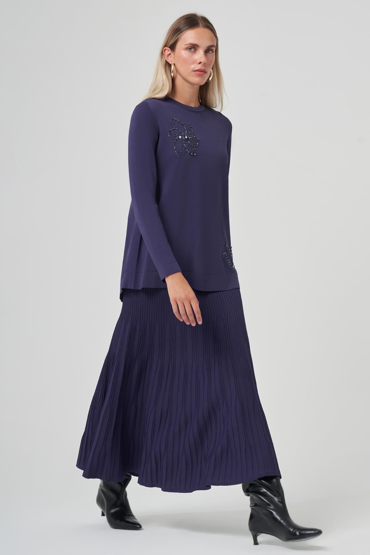 Nuss Taş Detay Etekli Triko Takım 1352 Lacivert