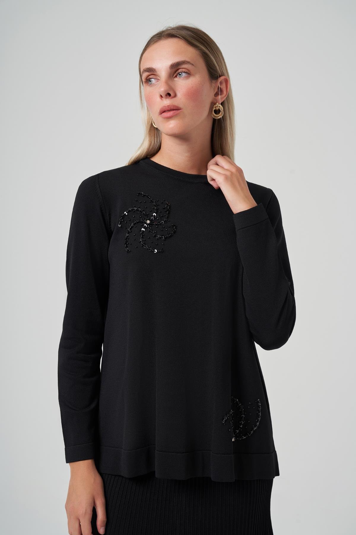 Nuss Taş Detay Etekli Triko Takım 1352 Siyah