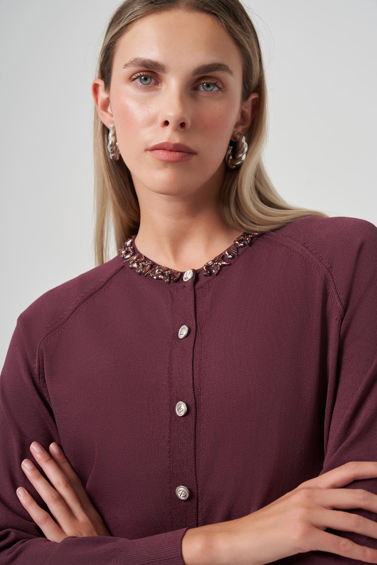 Nuss Taş Detay Hırka 300-T Bordo