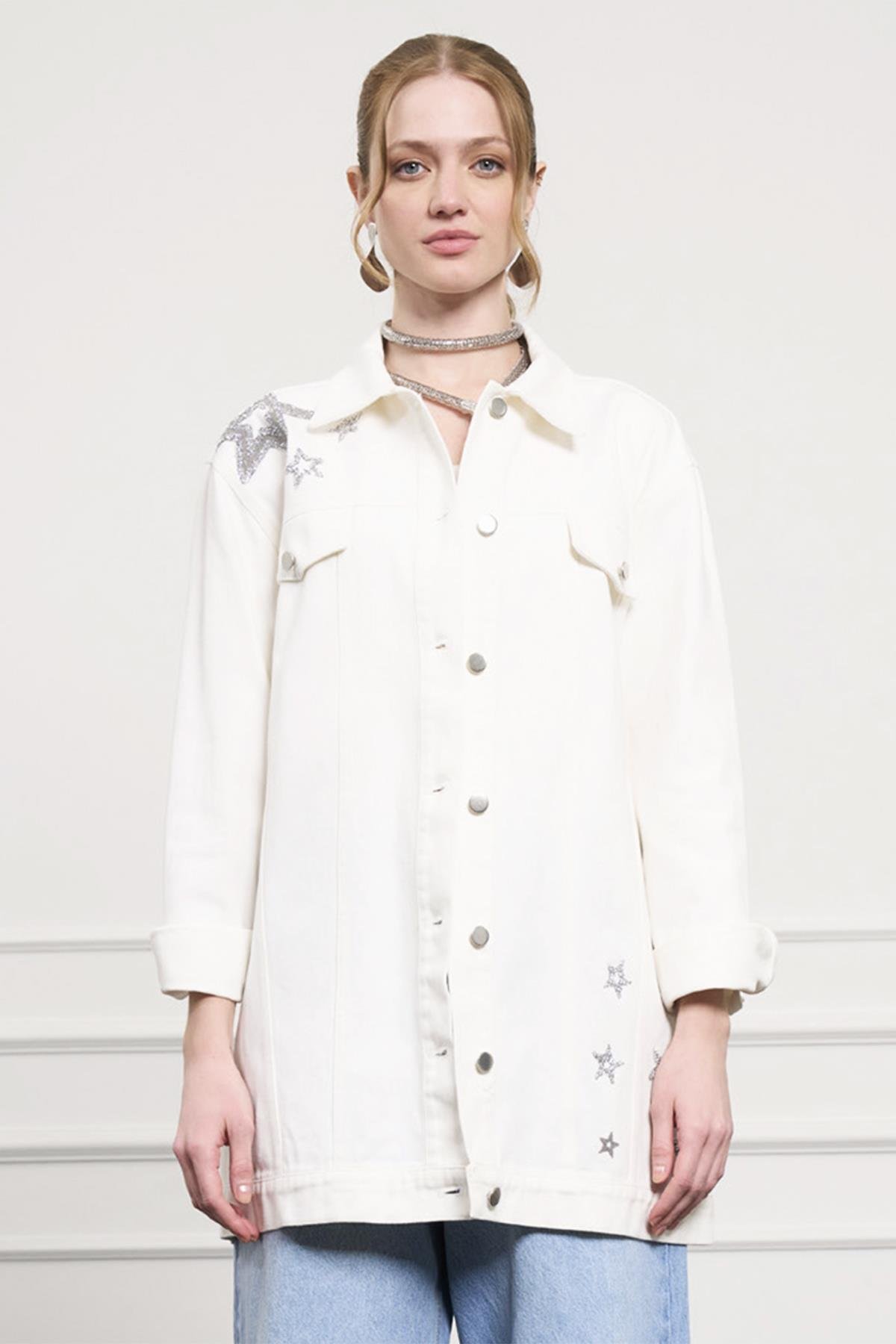 Nuss Taş Detay Kot Ceket 4042 Ekru