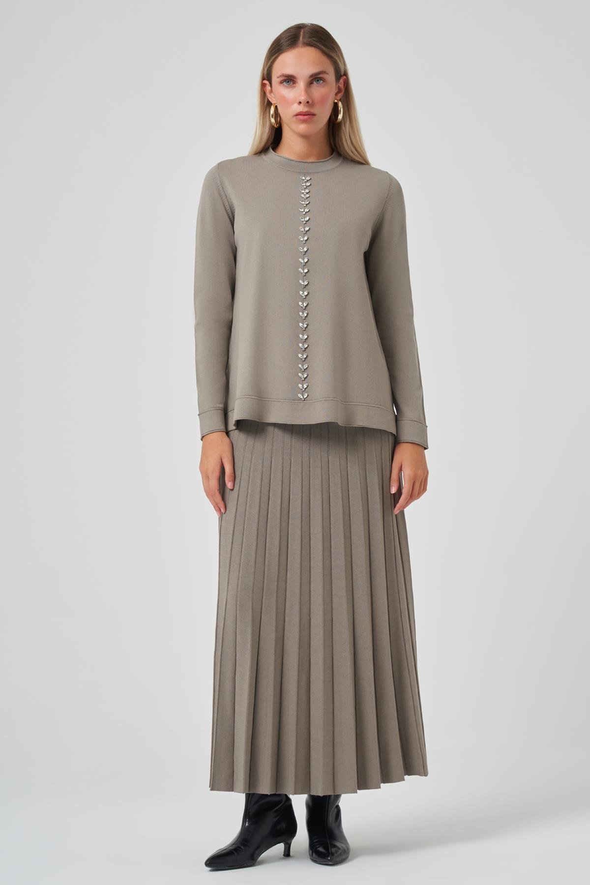 Nuss Taş İşleme Detay Triko Takım 1351 Açık Haki