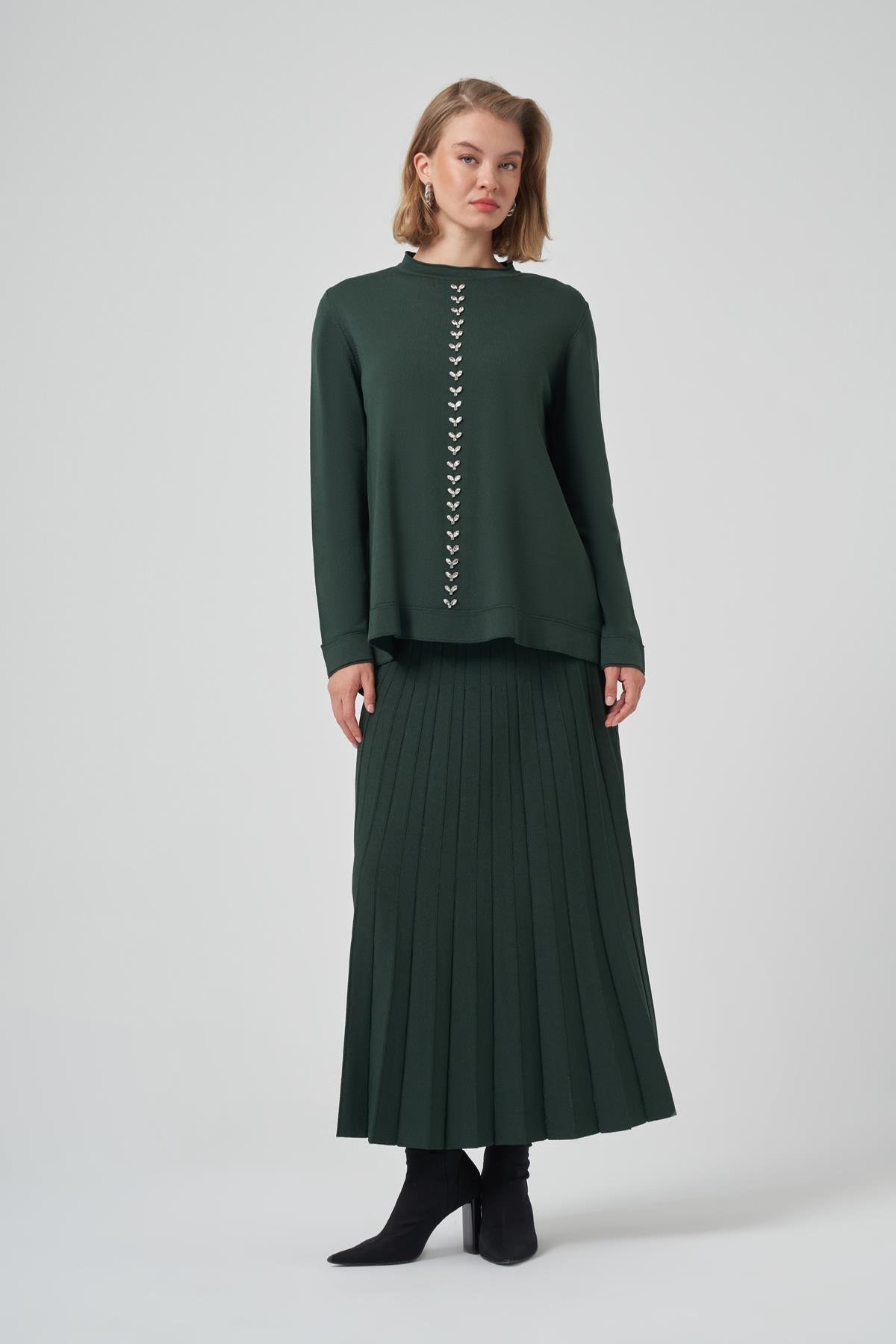 Nuss Taş İşleme Detay Triko Takım 1351  Çam Yeşil