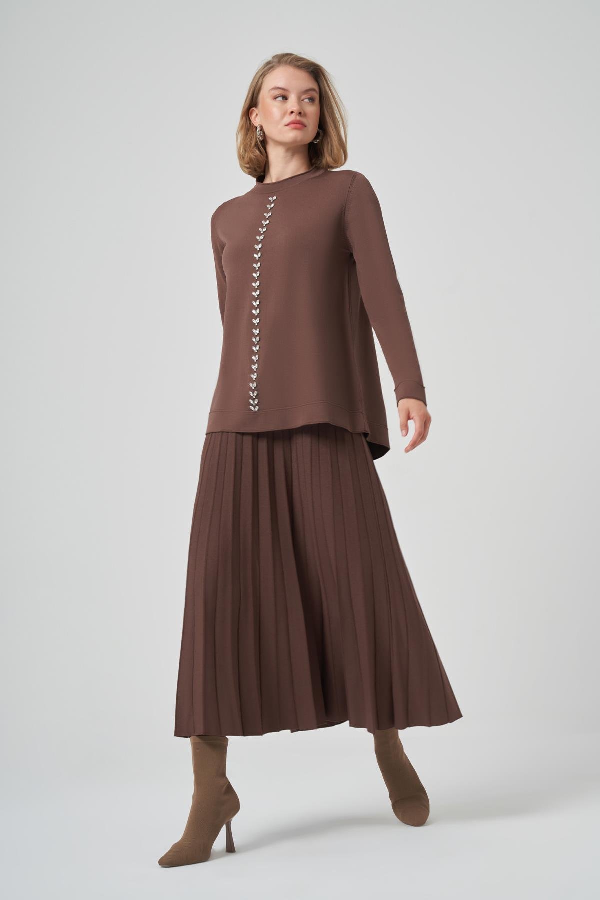 Nuss Taş İşleme Detay Triko Takım 1351 Kahverengi