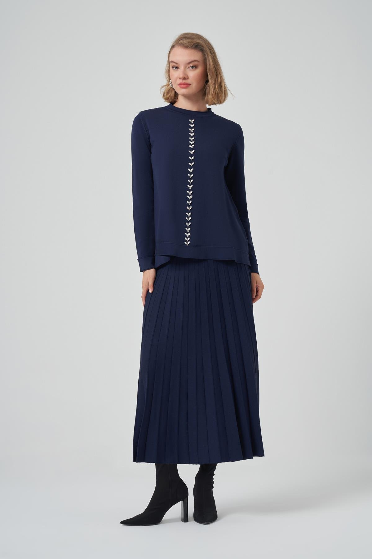 Nuss Taş İşleme Detay Triko Takım 1351  Lacivert