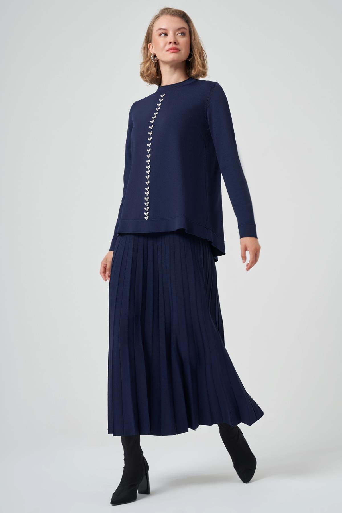 Nuss Taş İşleme Detay Triko Takım 1351  Lacivert