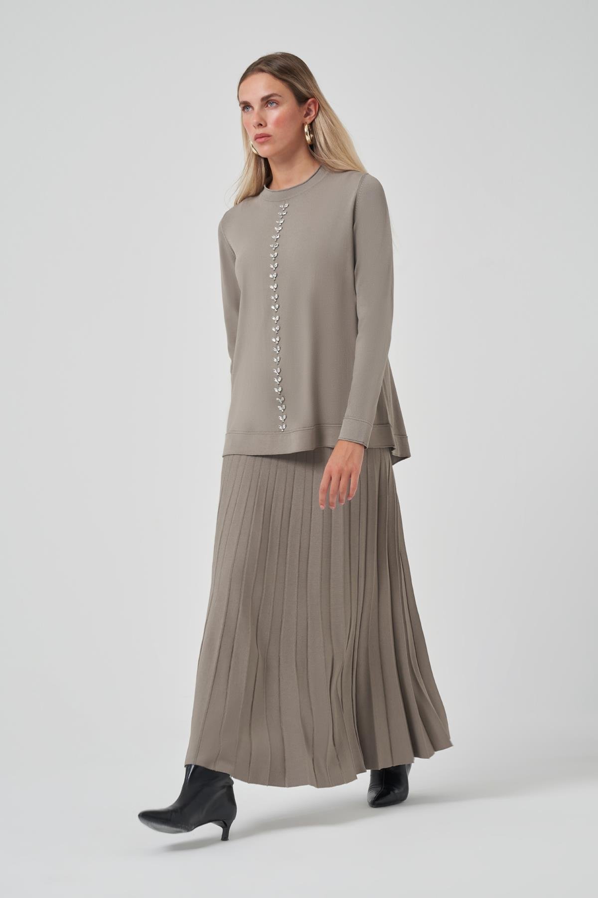 Nuss Taş İşleme Detay Triko Takım 1351 Açık Haki