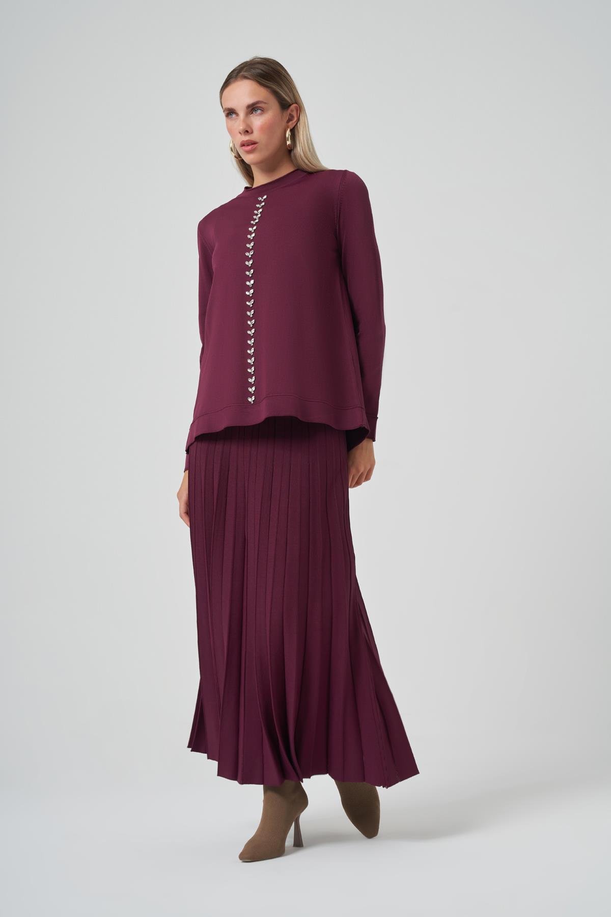 Nuss Taş İşleme Detay Triko Takım 1351 Bordo