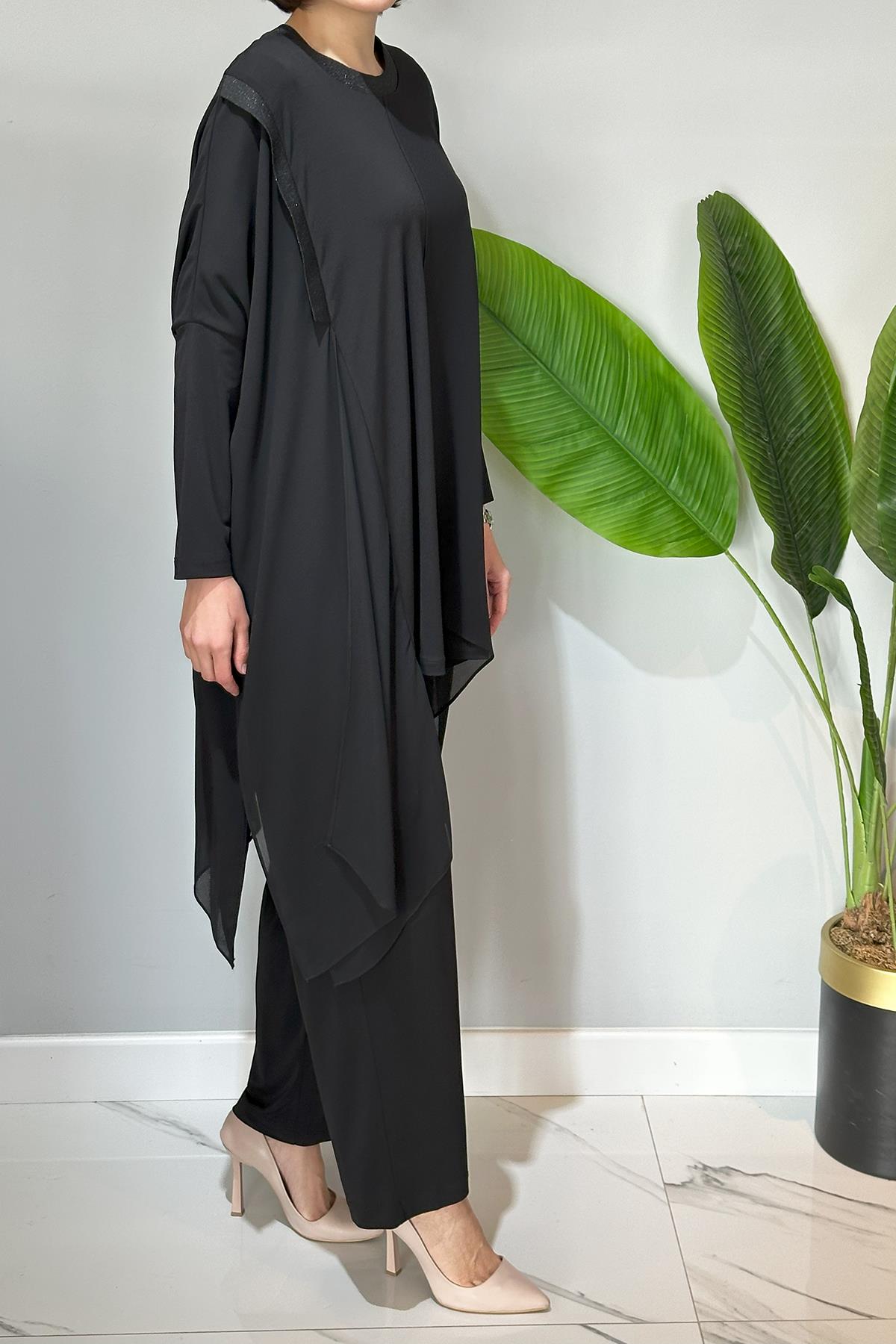 Nuss Tül Detaylı Pantolonlu Takım 3002 Siyah