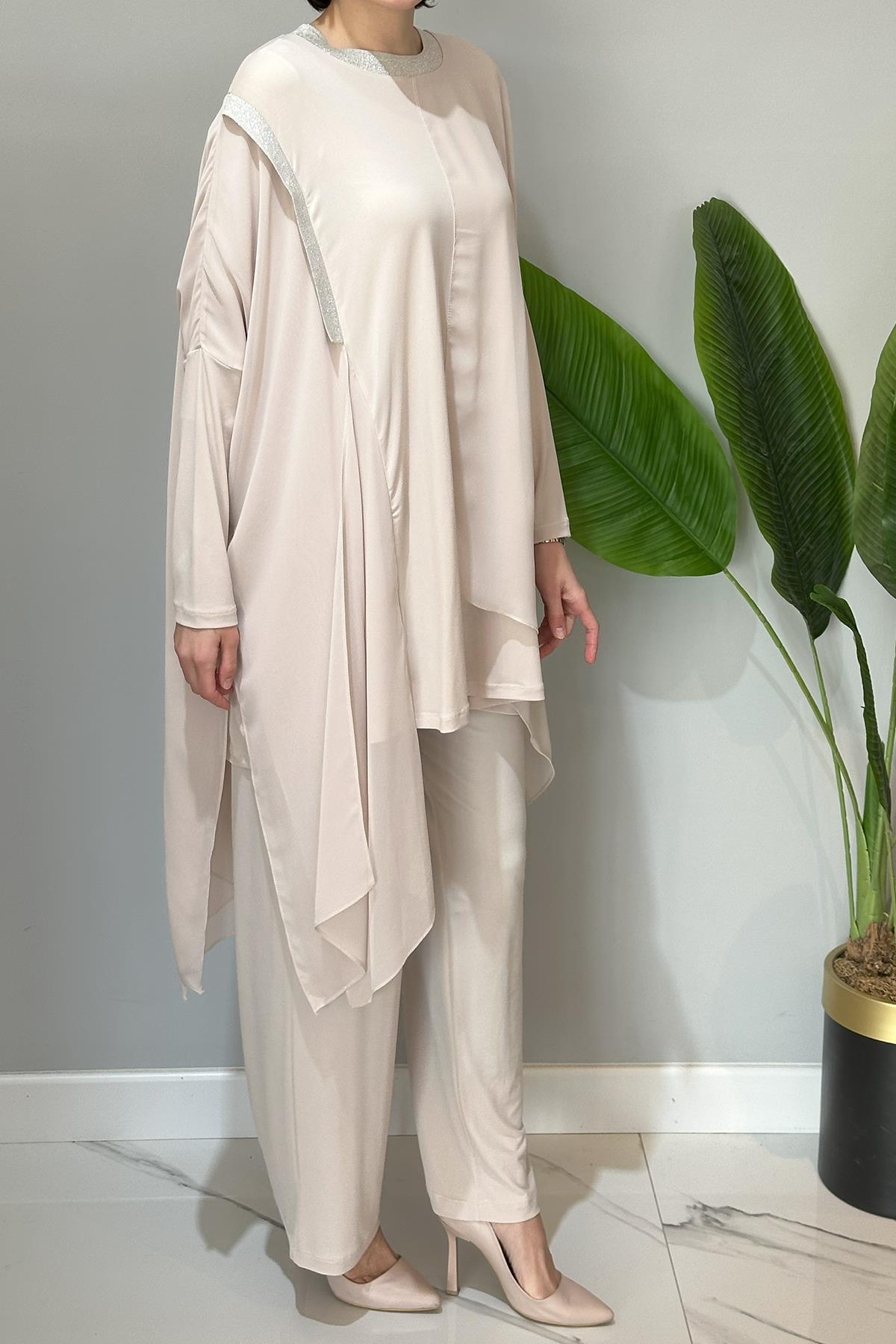 Nuss Tül Detaylı Pantolonlu Takım 3002 Bej