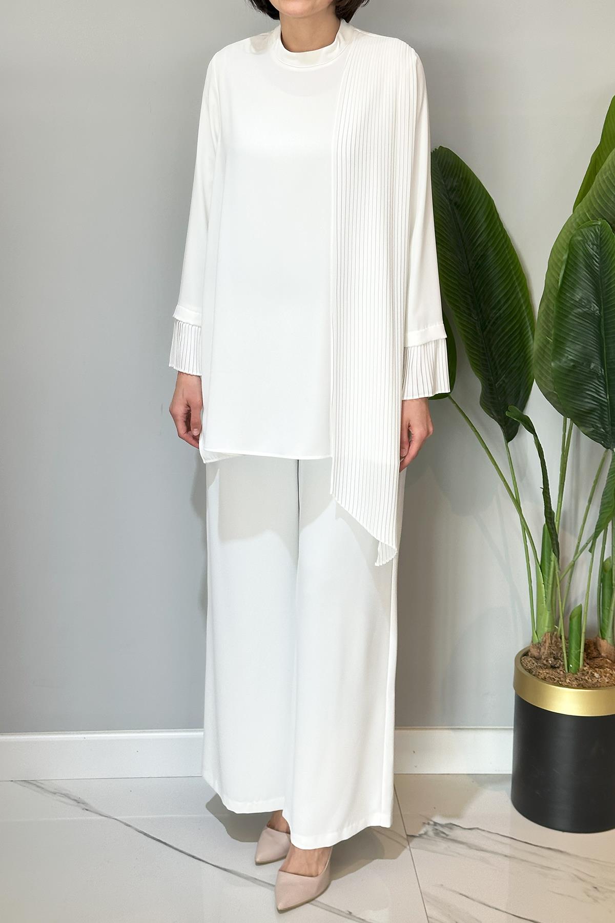 Nuss Tül Pilise Detaylı Pantolonlu Takım 1013 Ekru