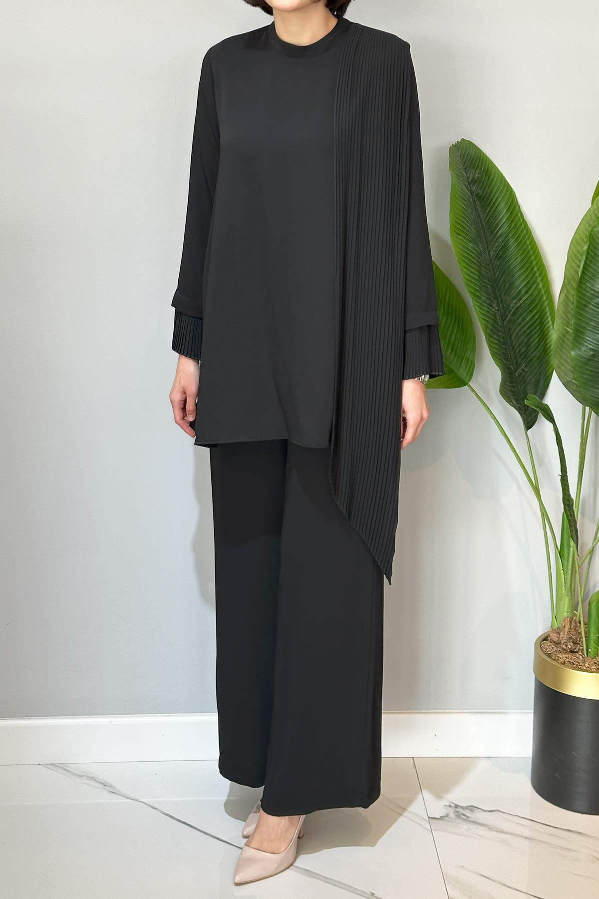 Nuss Tül Pilise Detaylı Pantolonlu Takım 1013 Siyah