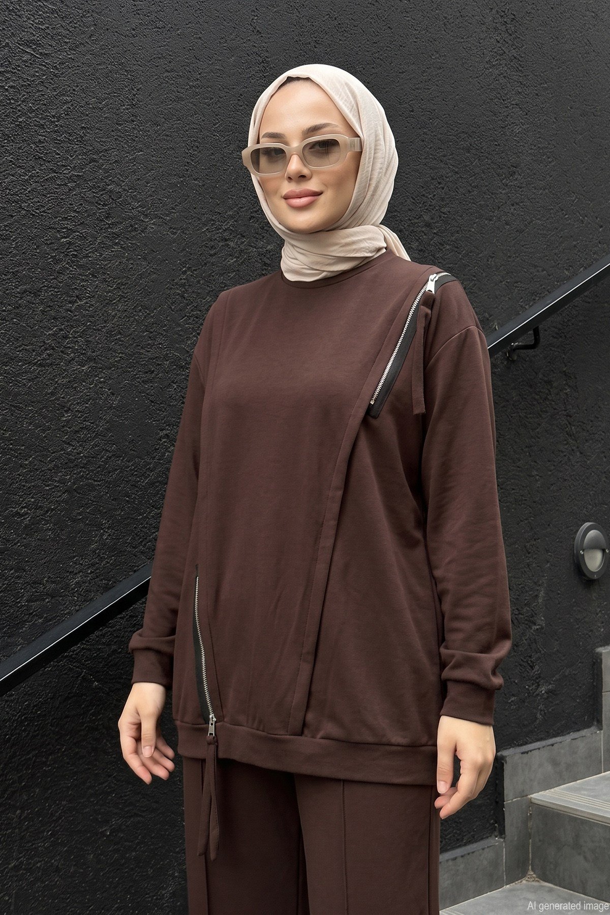 Omuzu ve Etek Bandı Fermuar Detaylı Pantolonlu Takım 923 Kahverengi