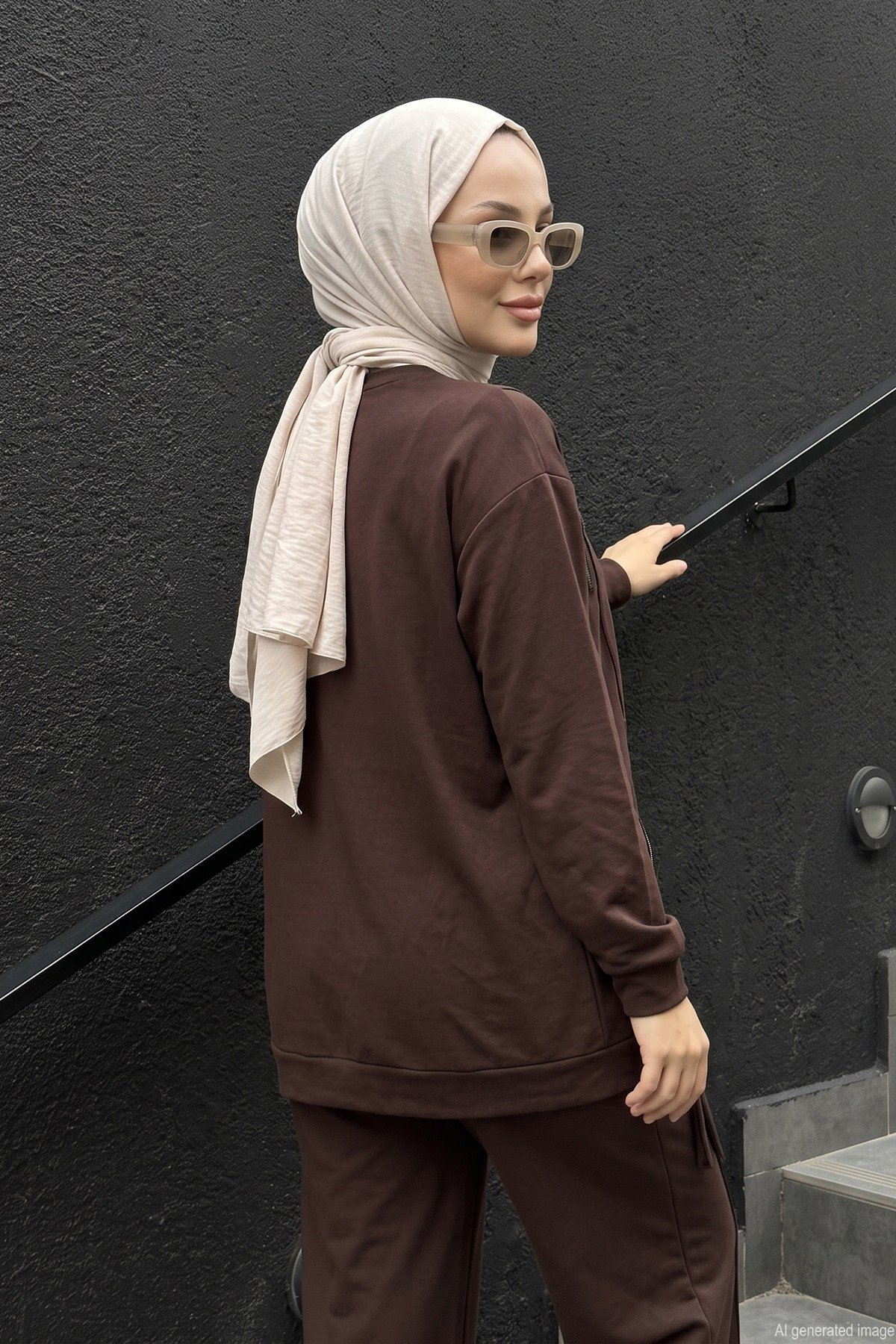Omuzu ve Etek Bandı Fermuar Detaylı Pantolonlu Takım 923 Kahverengi