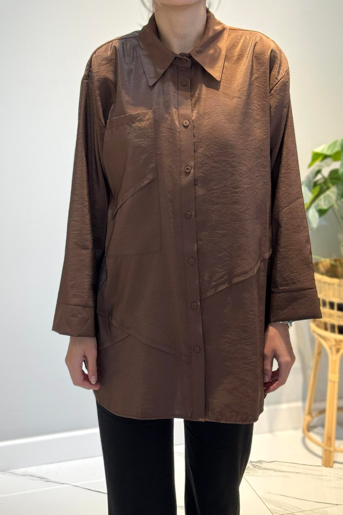 Önden Düğmeli Uzun Cep Detaylı Tunik 6148 Kahverengi