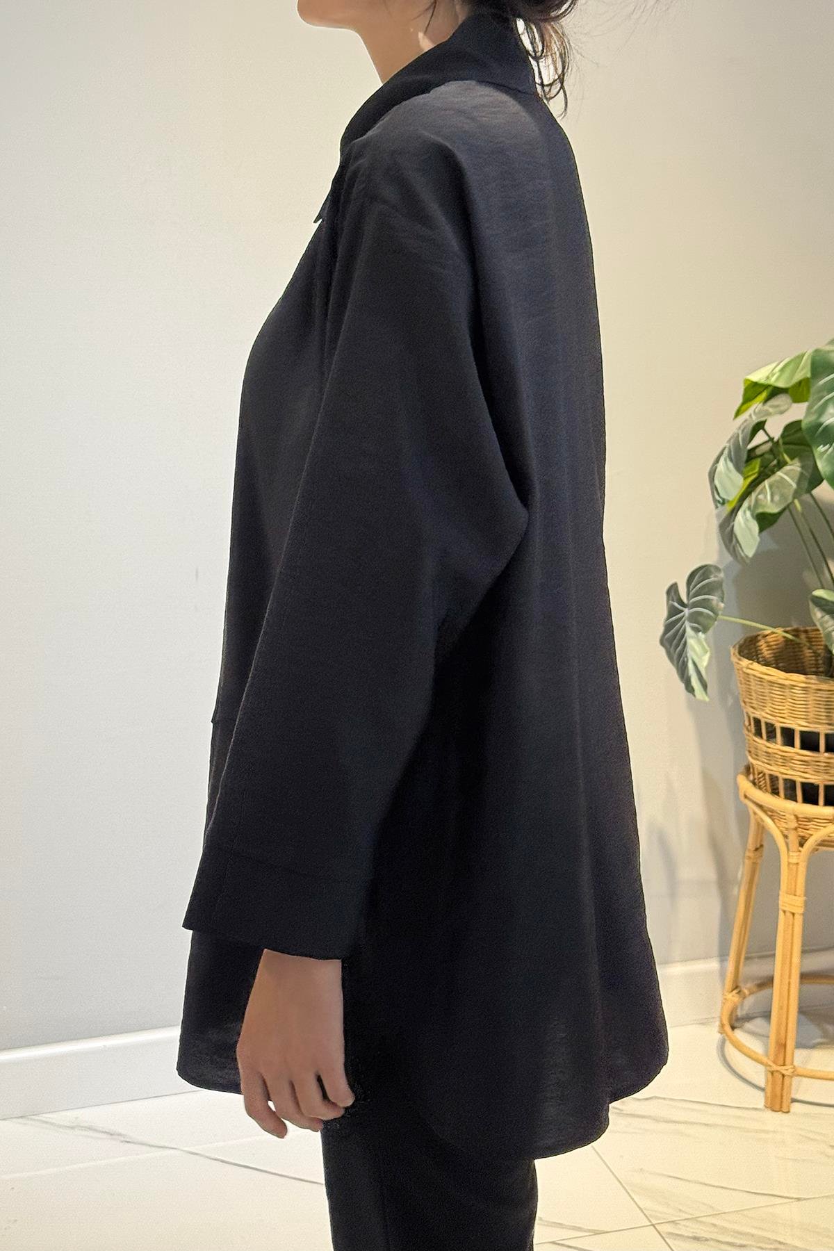 Önden Düğmeli Uzun Cep Detaylı Tunik 6148 Siyah