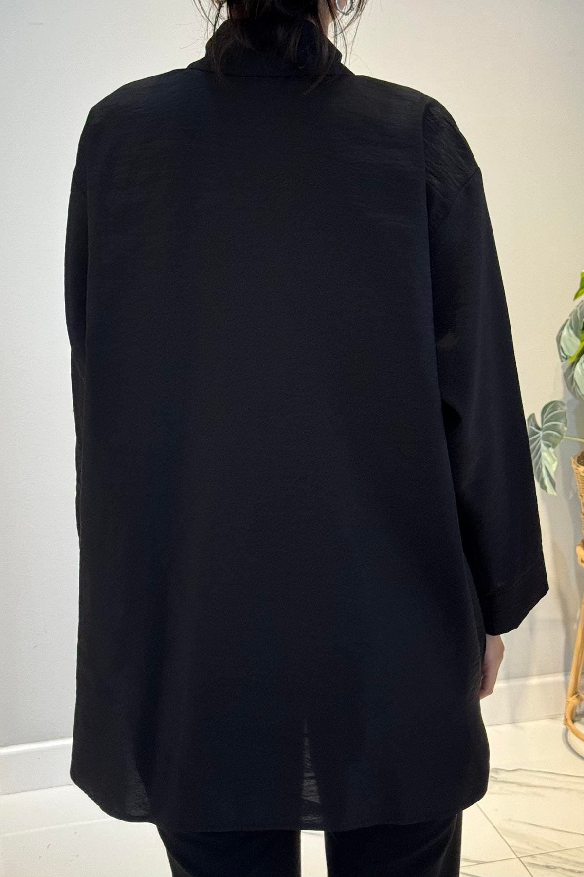 Önden Düğmeli Uzun Cep Detaylı Tunik 6148 Siyah