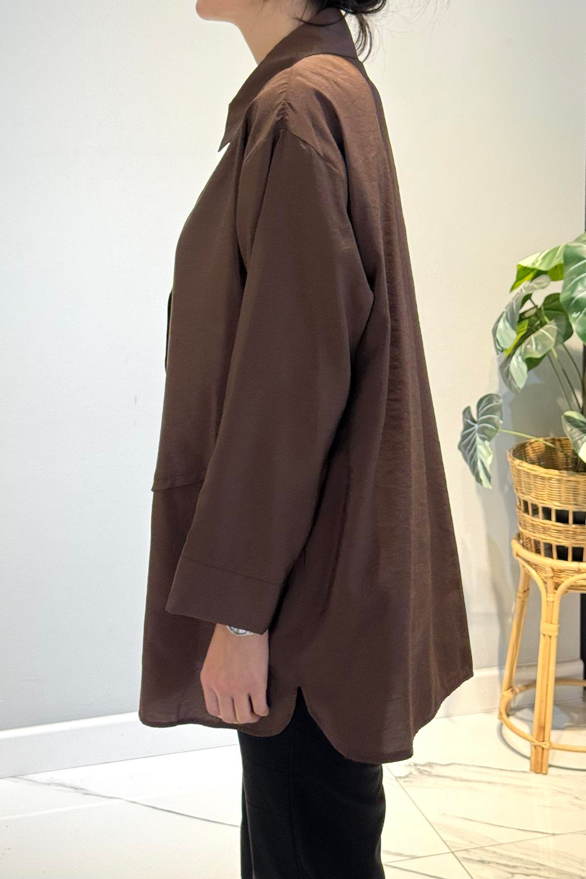 Önden Düğmeli Uzun Cep Detaylı Tunik 6148 Kahverengi