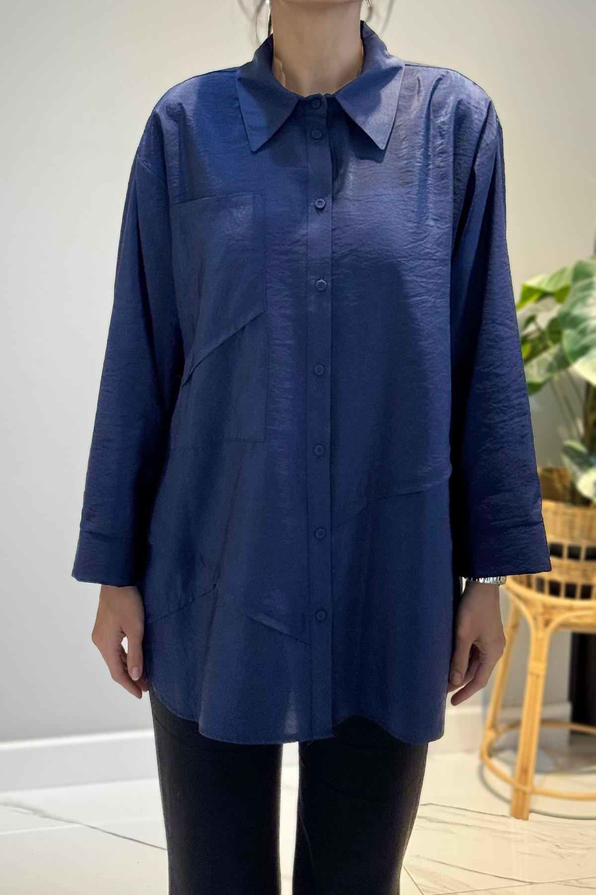 Önden Düğmeli Uzun Cep Detaylı Tunik 6148 Lacivert