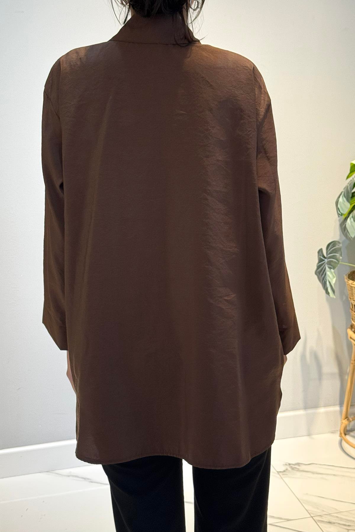 Önden Düğmeli Uzun Cep Detaylı Tunik 6148 Kahverengi