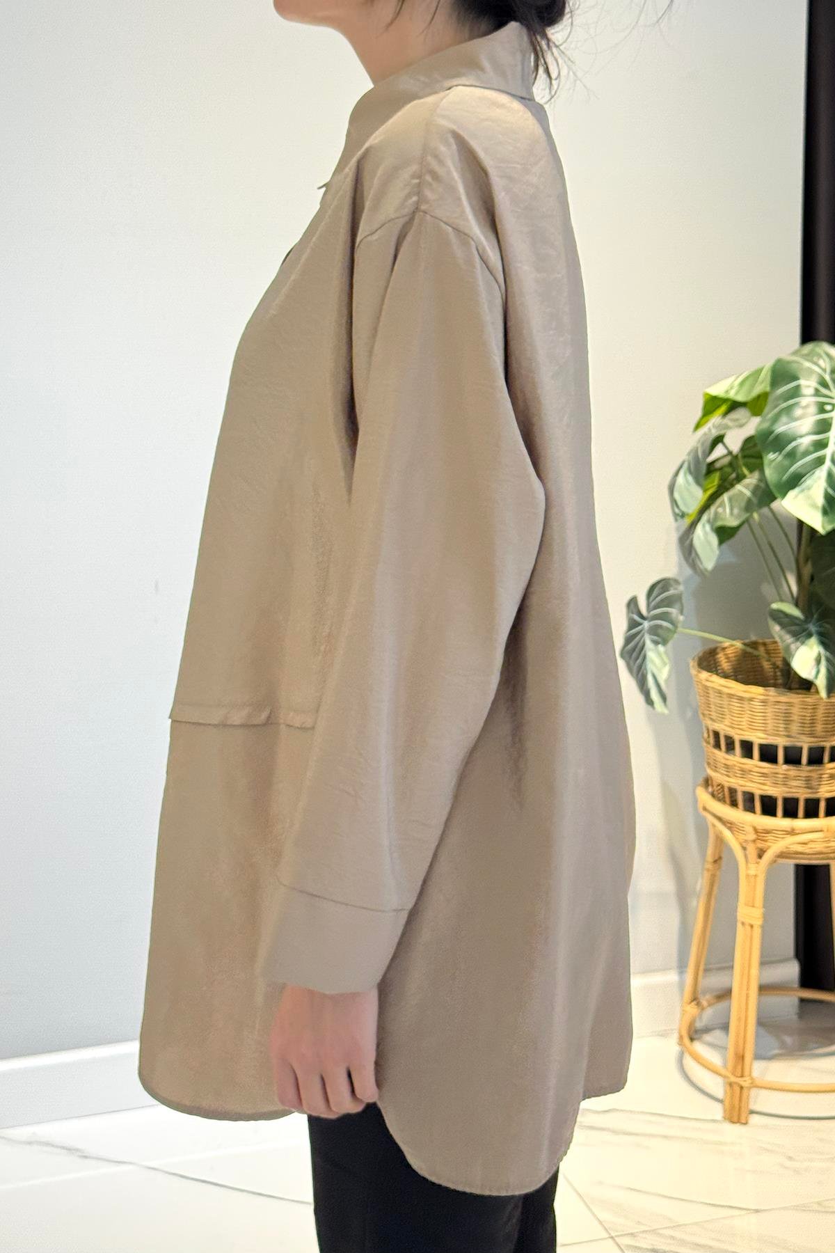 Önden Düğmeli Uzun Cep Detaylı Tunik 6148 Bej