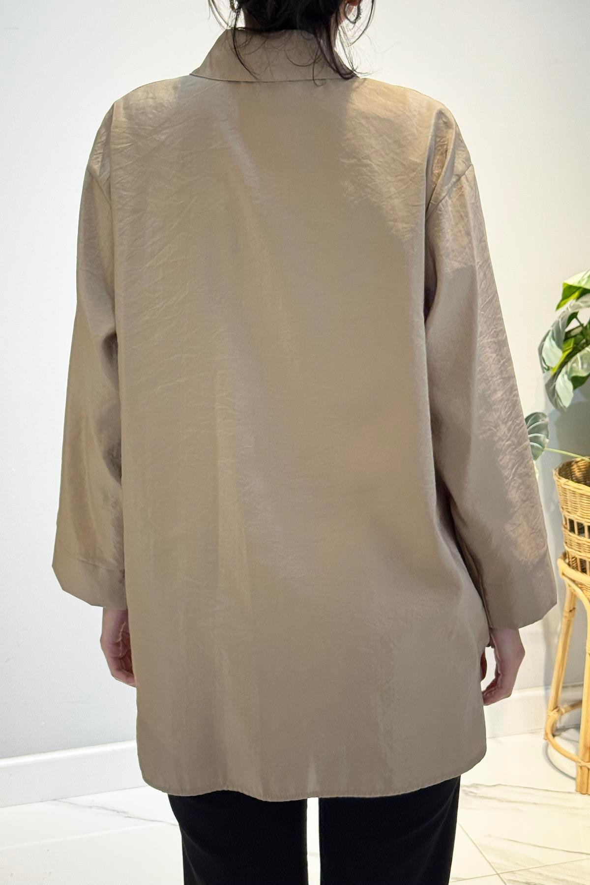 Önden Düğmeli Uzun Cep Detaylı Tunik 6148 Bej
