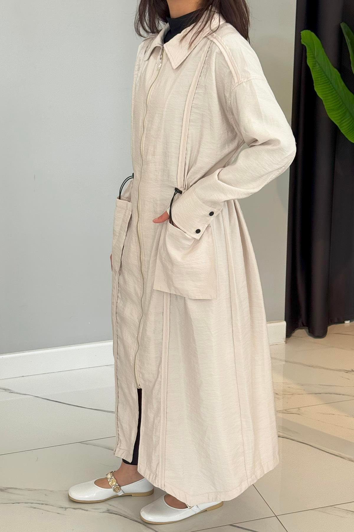 Önden Fermuarlı Bleden Büzgülü Torba Cepli Dubai Ceket 5878 Taş