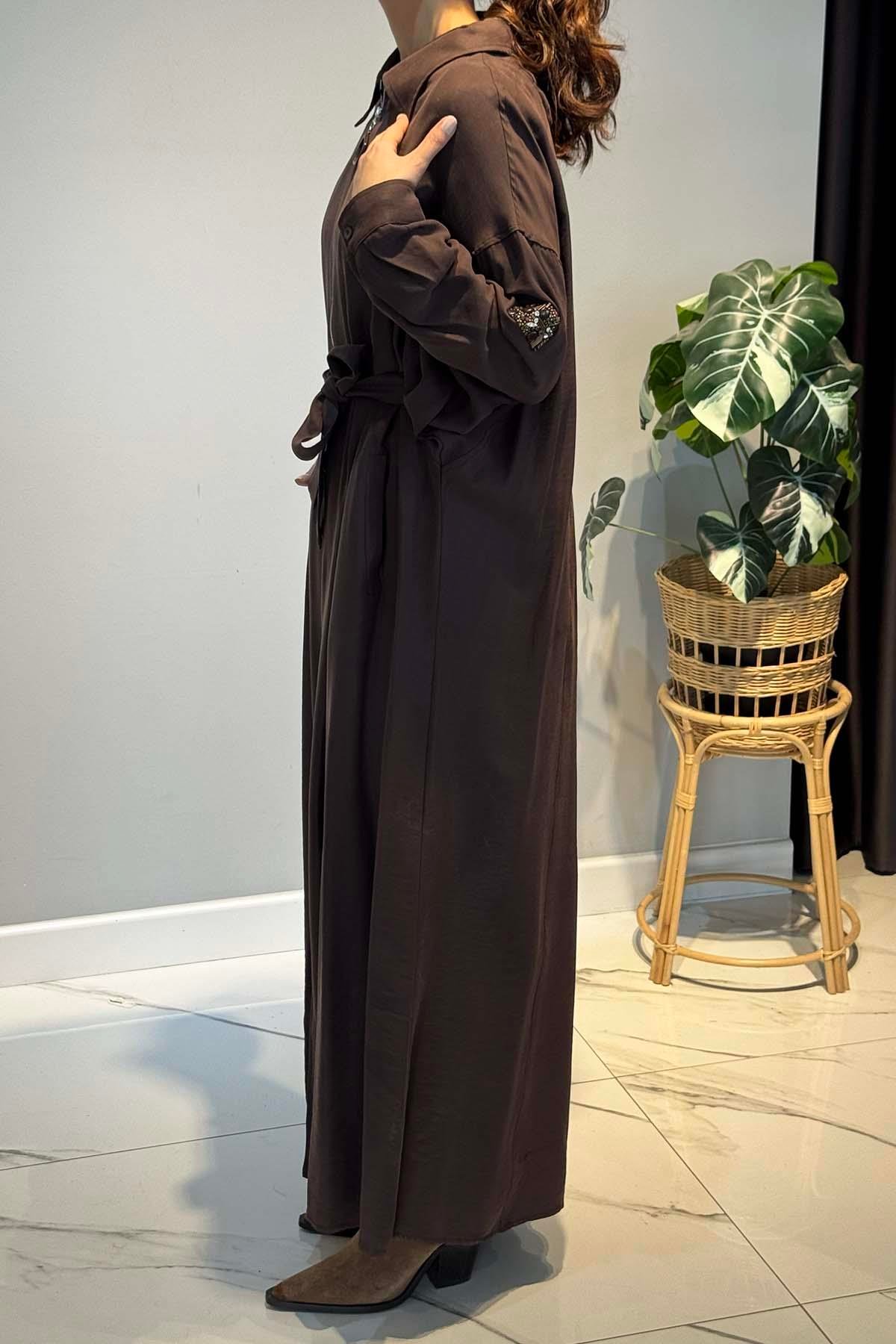 Önden Fermuarlı Tek Kolu Taş Detay İçten Kemerli Kap Ceket 6881 Kahverengi