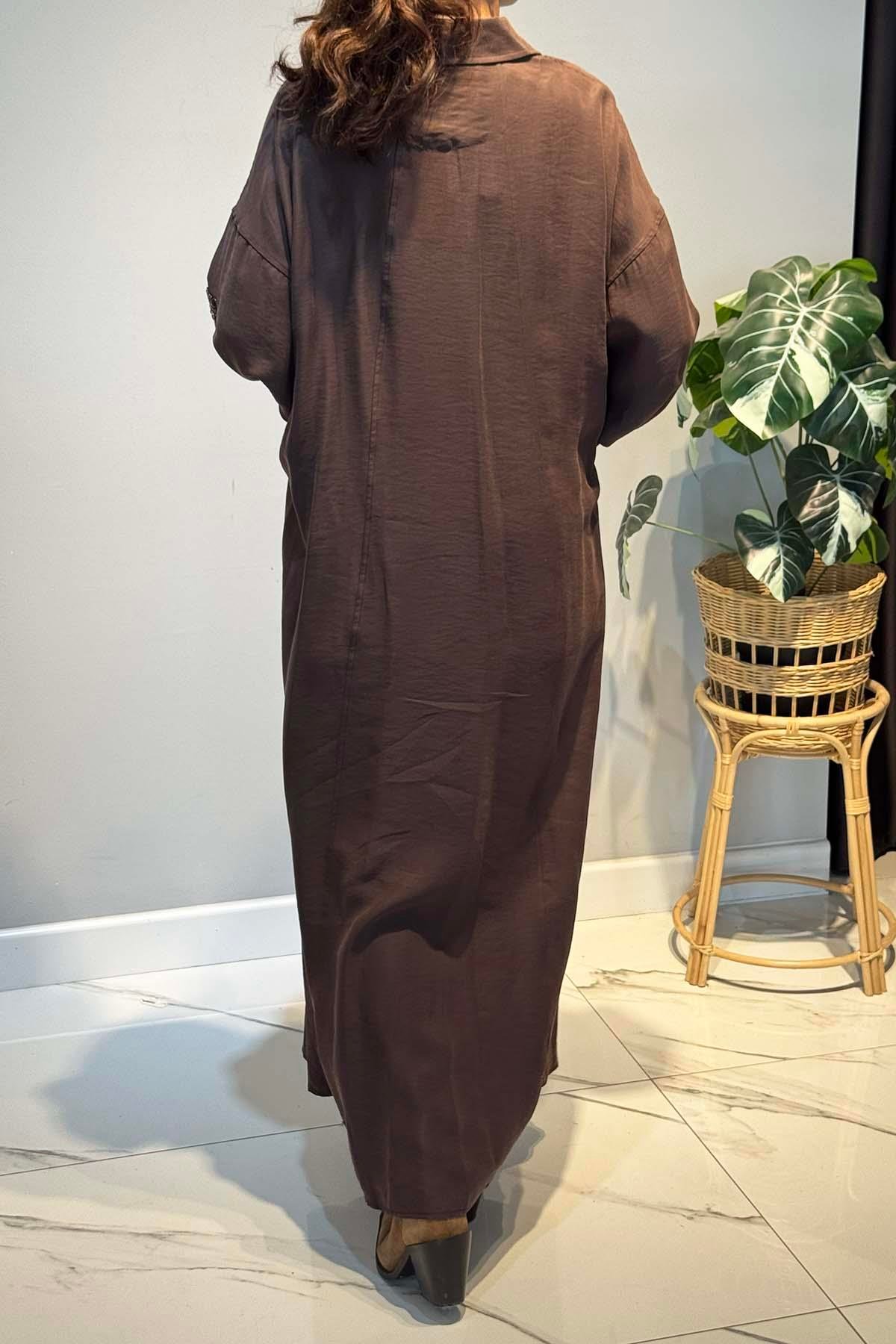 Önden Fermuarlı Tek Kolu Taş Detay İçten Kemerli Kap Ceket 6881 Kahverengi