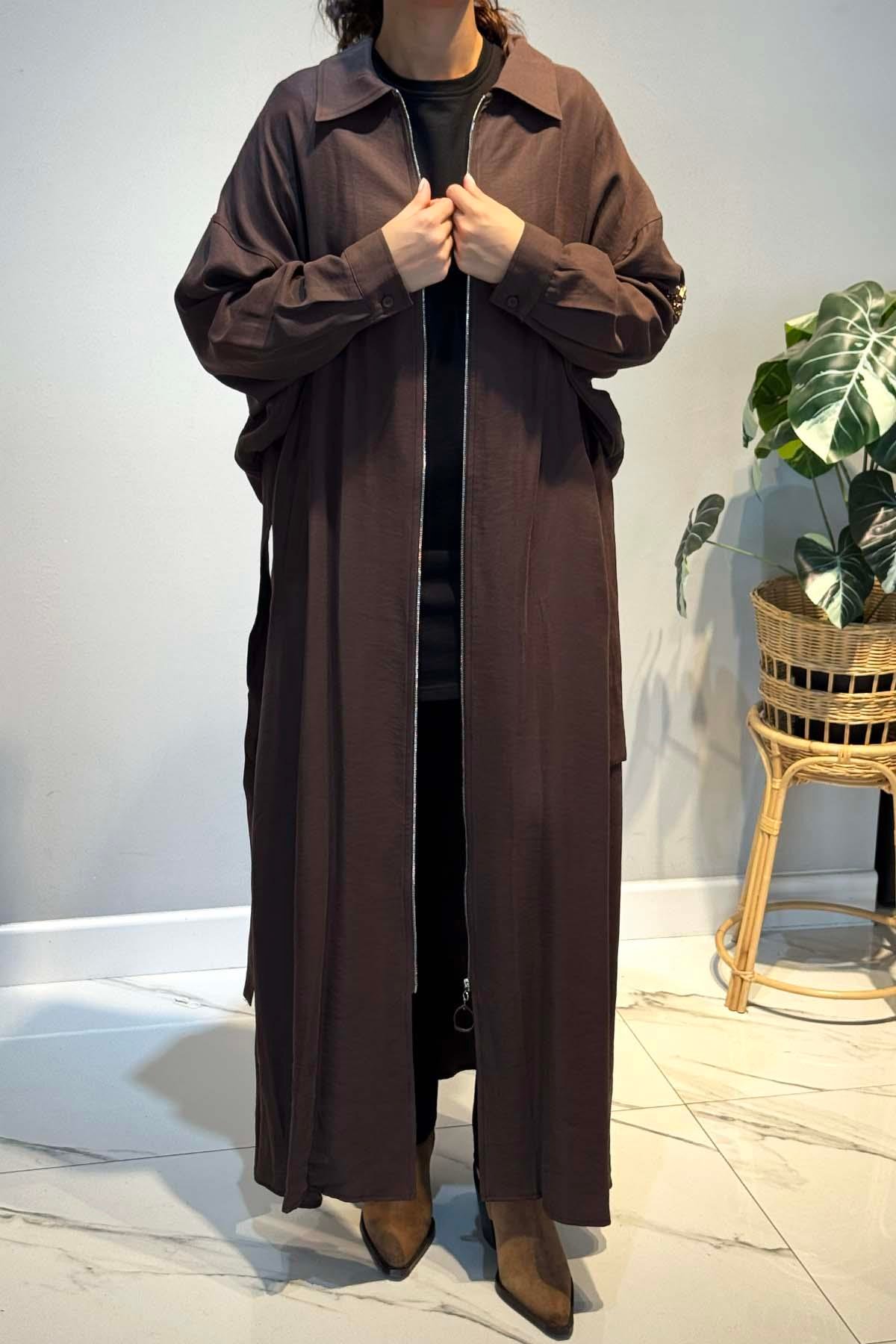 Önden Fermuarlı Tek Kolu Taş Detay İçten Kemerli Kap Ceket 6881 Kahverengi