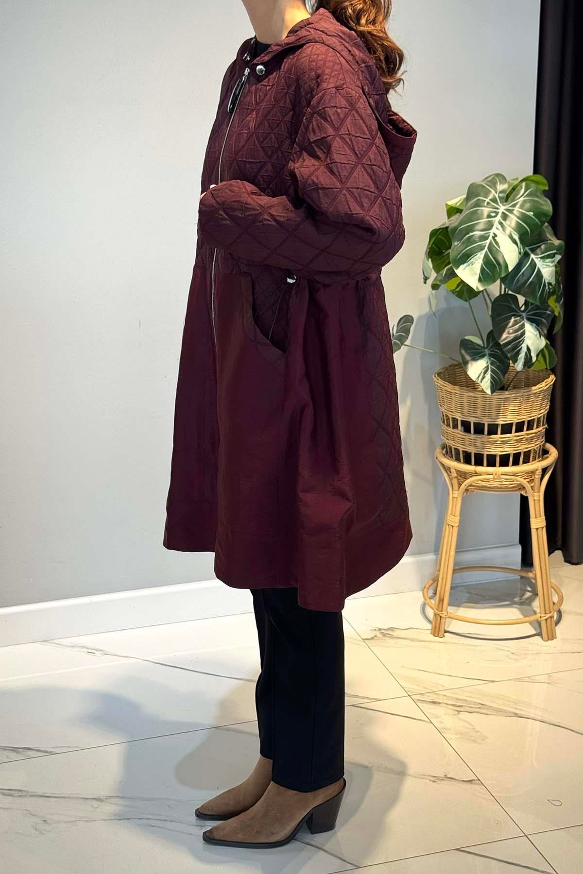 Önden Fermuarlı Yanlardan Cepli Baklava Kapitön Kısa Kap Ceket 6819 Bordo