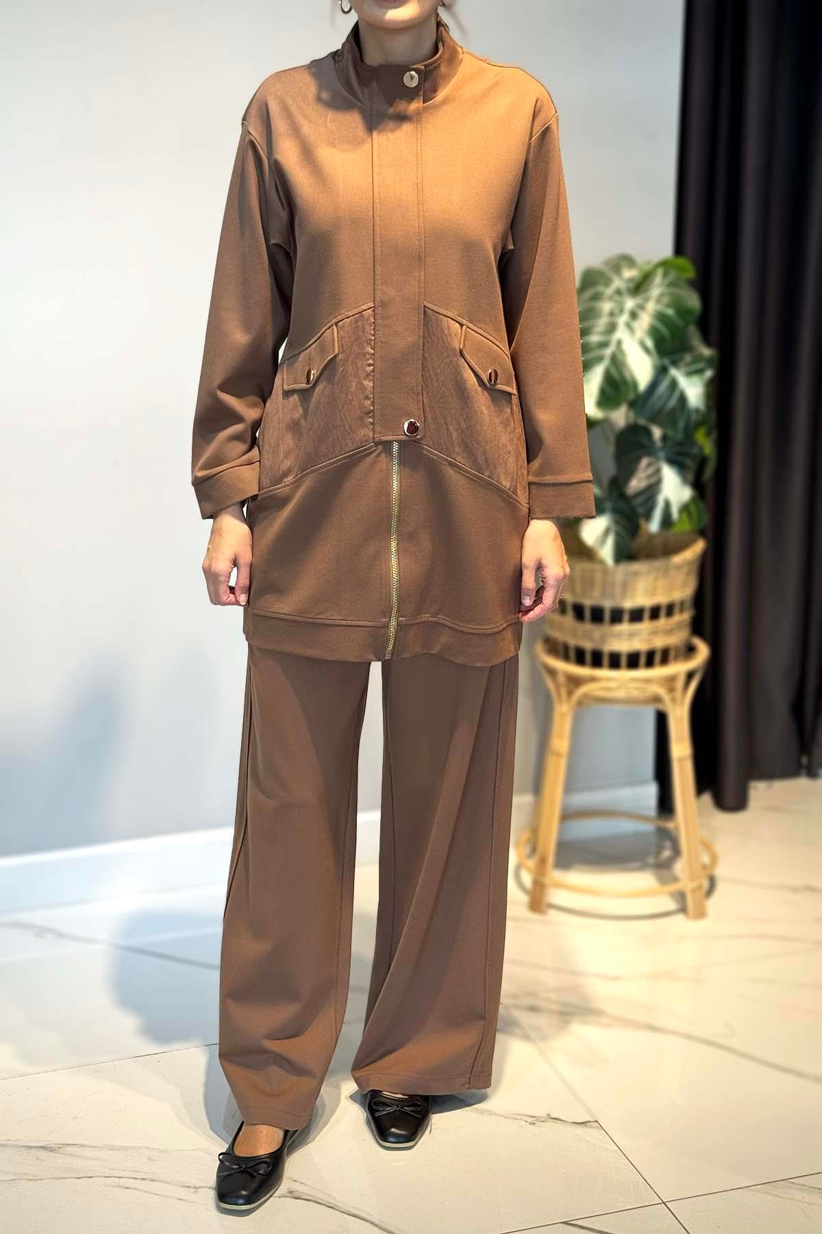 Önden Fermuarlı Yarım Patlı Çelik Takım 6921 Camel