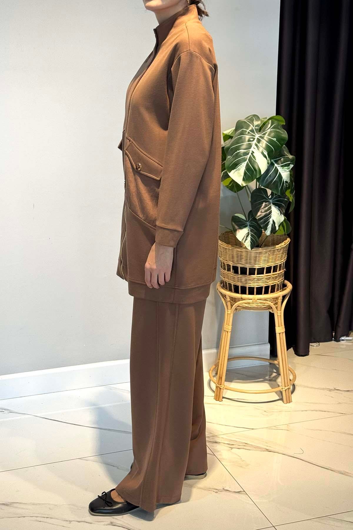 Önden Fermuarlı Yarım Patlı Çelik Takım 6921 Camel