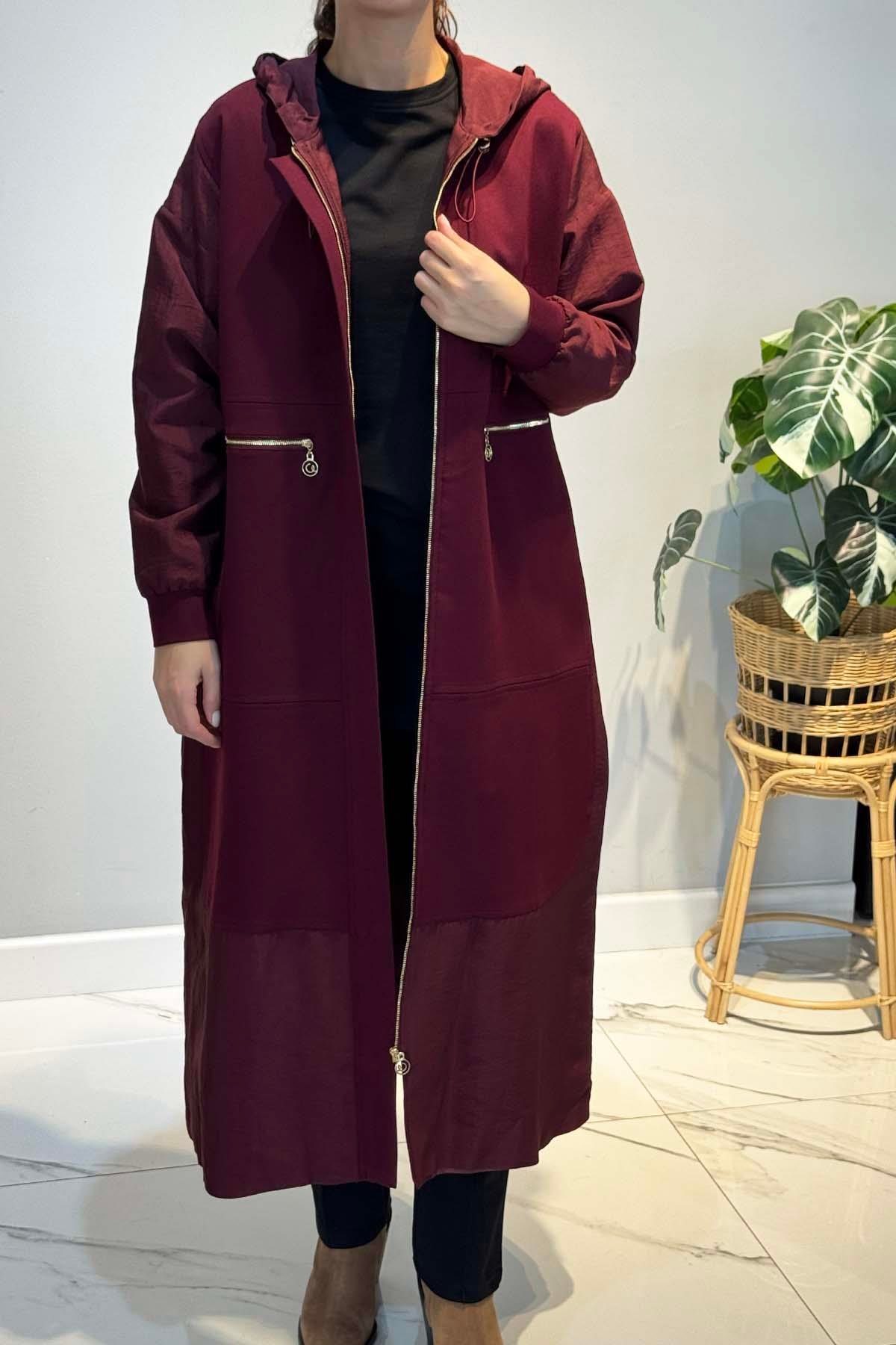 Önden Patlı Cepleri Fermuarlı Kapüşonlu Dubai Garnili Çelik Kap Ceket 6811 Bordo