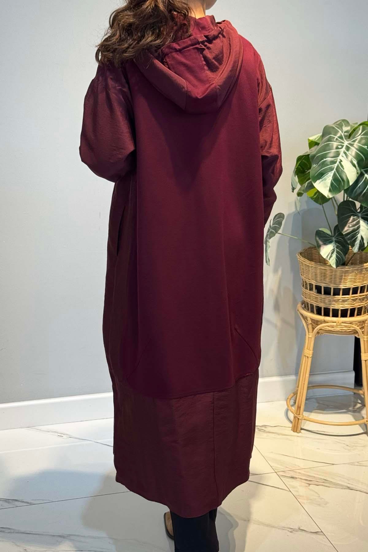 Önden Patlı Cepleri Fermuarlı Kapüşonlu Dubai Garnili Çelik Kap Ceket 6811 Bordo