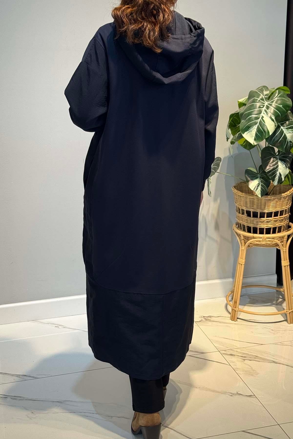 Önden Patlı Cepleri Fermuarlı Kapüşonlu Dubai Garnili Çelik Kap Ceket 6811 Lacivert