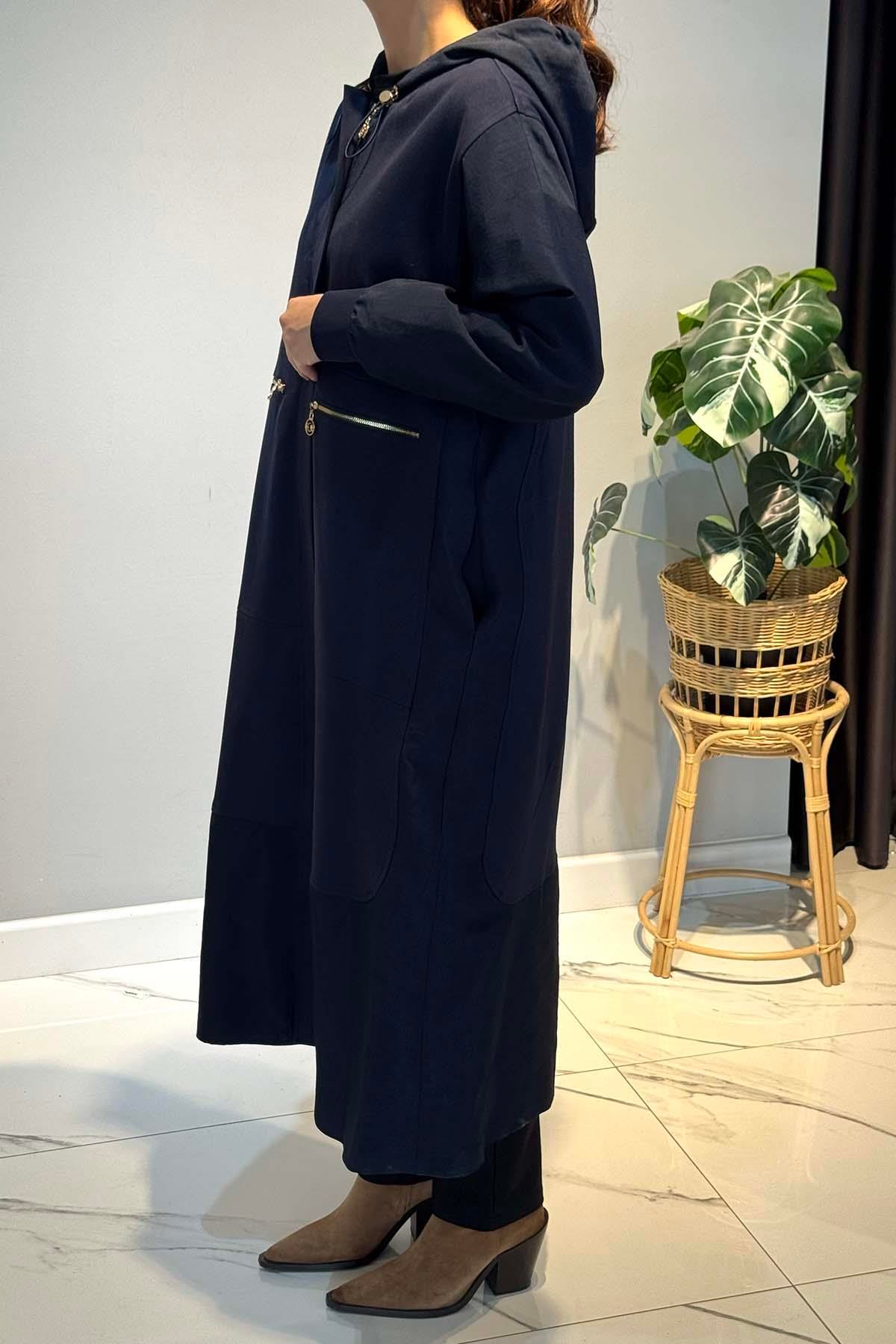 Önden Patlı Cepleri Fermuarlı Kapüşonlu Dubai Garnili Çelik Kap Ceket 6811 Lacivert