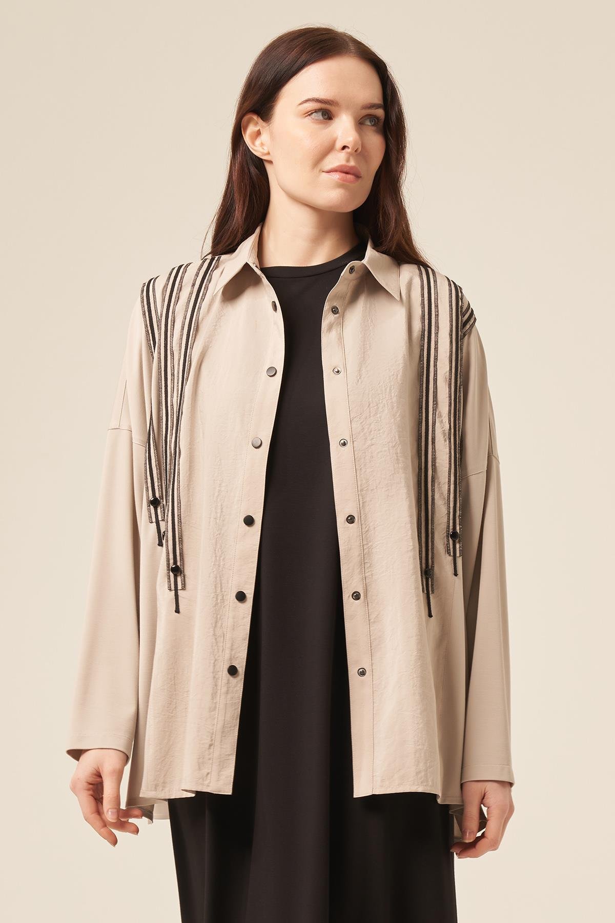 Önü Dikiş Detaylı Bambu Tunik Çıtçıtlı Gömlek 5171 Taş