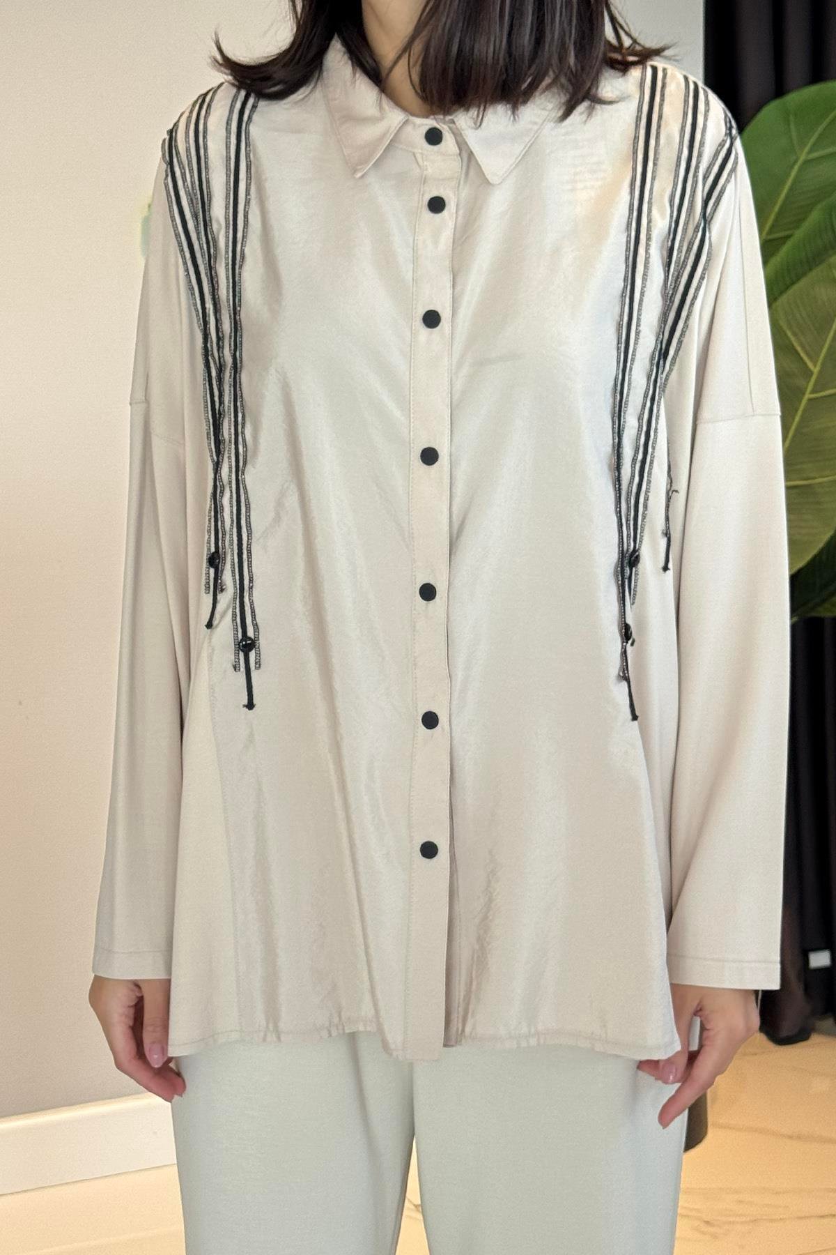 Önü Dikiş Detaylı Bambu Tunik Çıtçıtlı Gömlek 5171 Taş