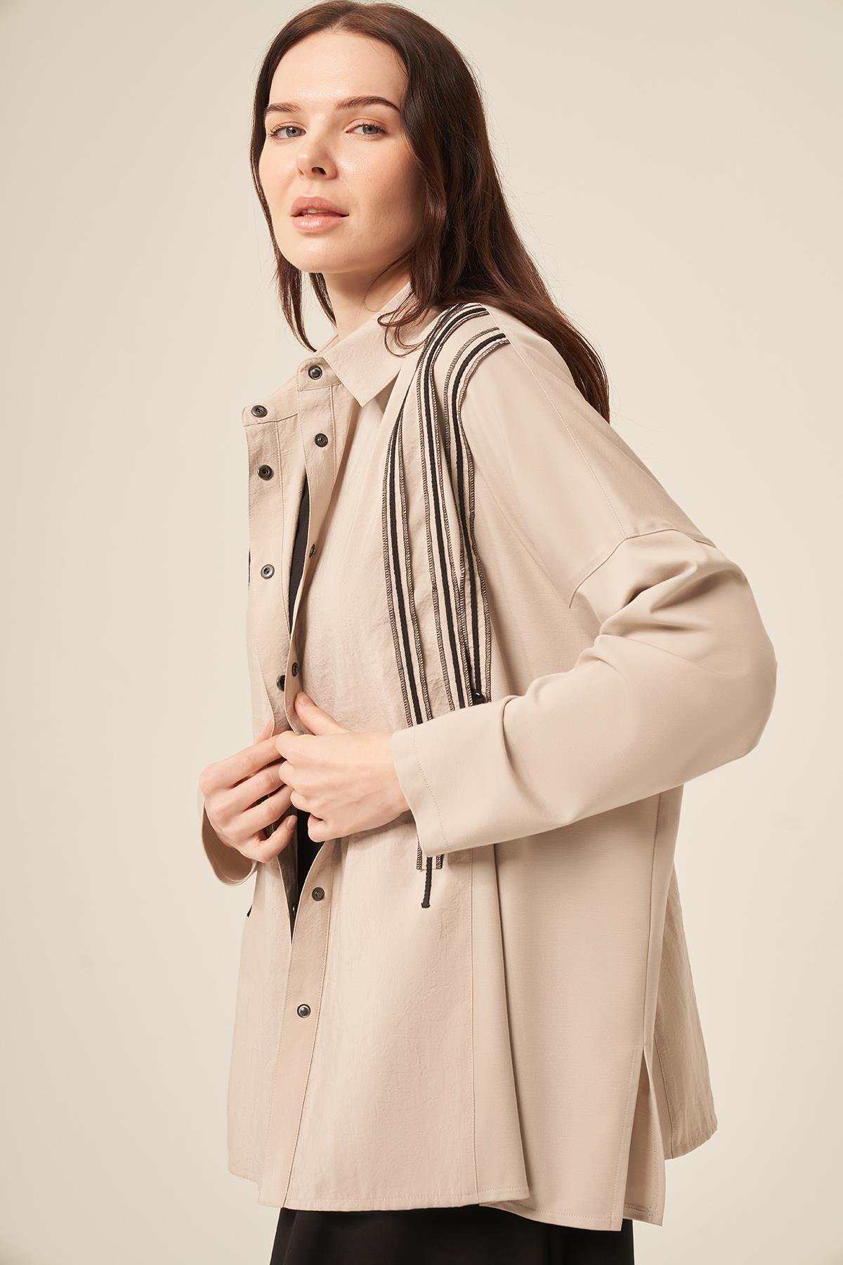 Önü Dikiş Detaylı Bambu Tunik Çıtçıtlı Gömlek 5171 Taş