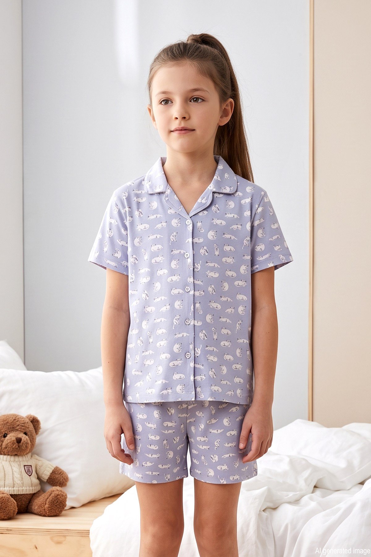Önü Düğmeli Şortlu Kız Çocuk Süprem Pamuklu Pijama Takımı 260273 Lila