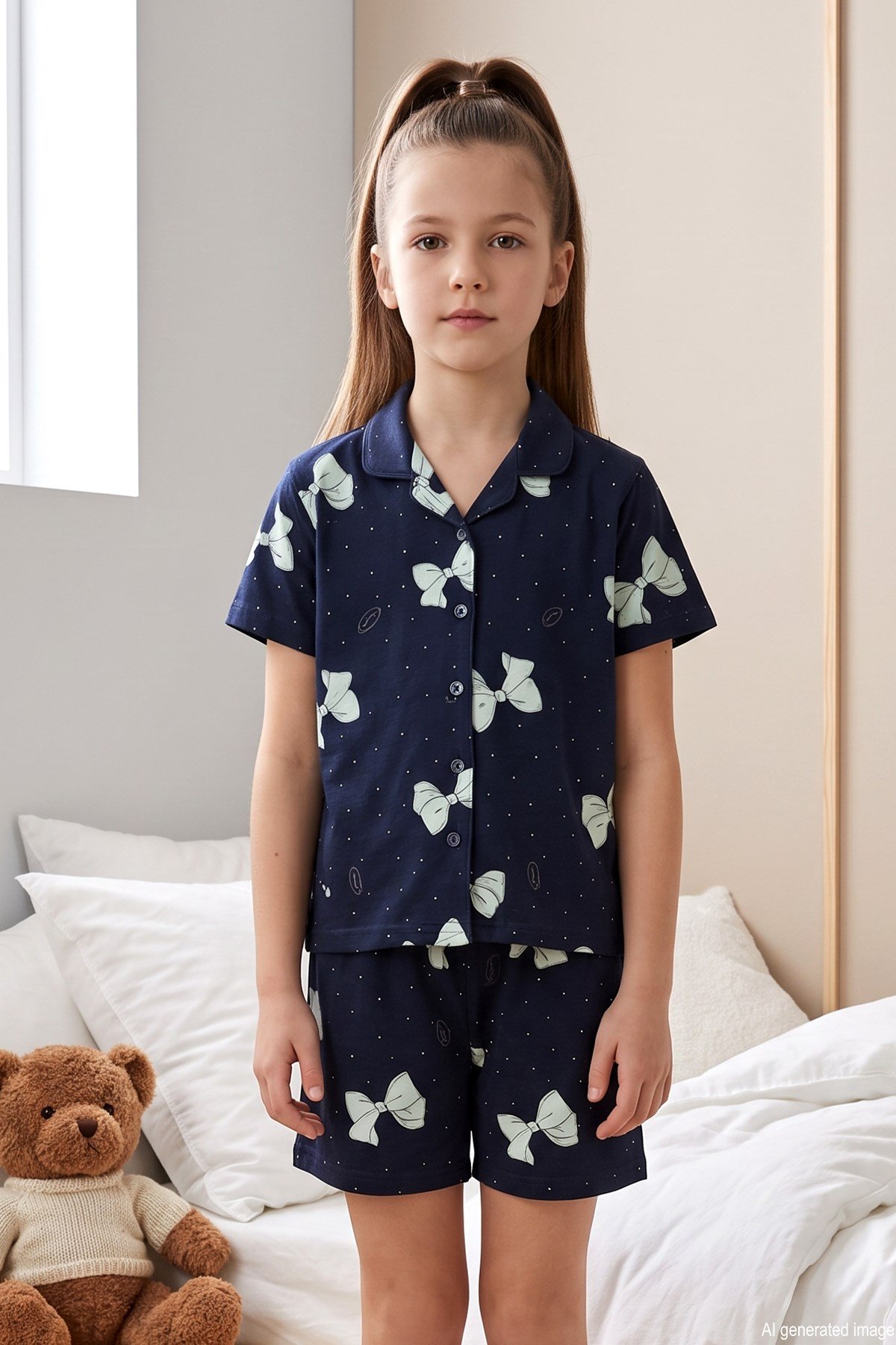 Önü Düğmeli Şortlu Kız Çocuk Süprem Pamuklu Pijama Takımı 260278 Lacivert