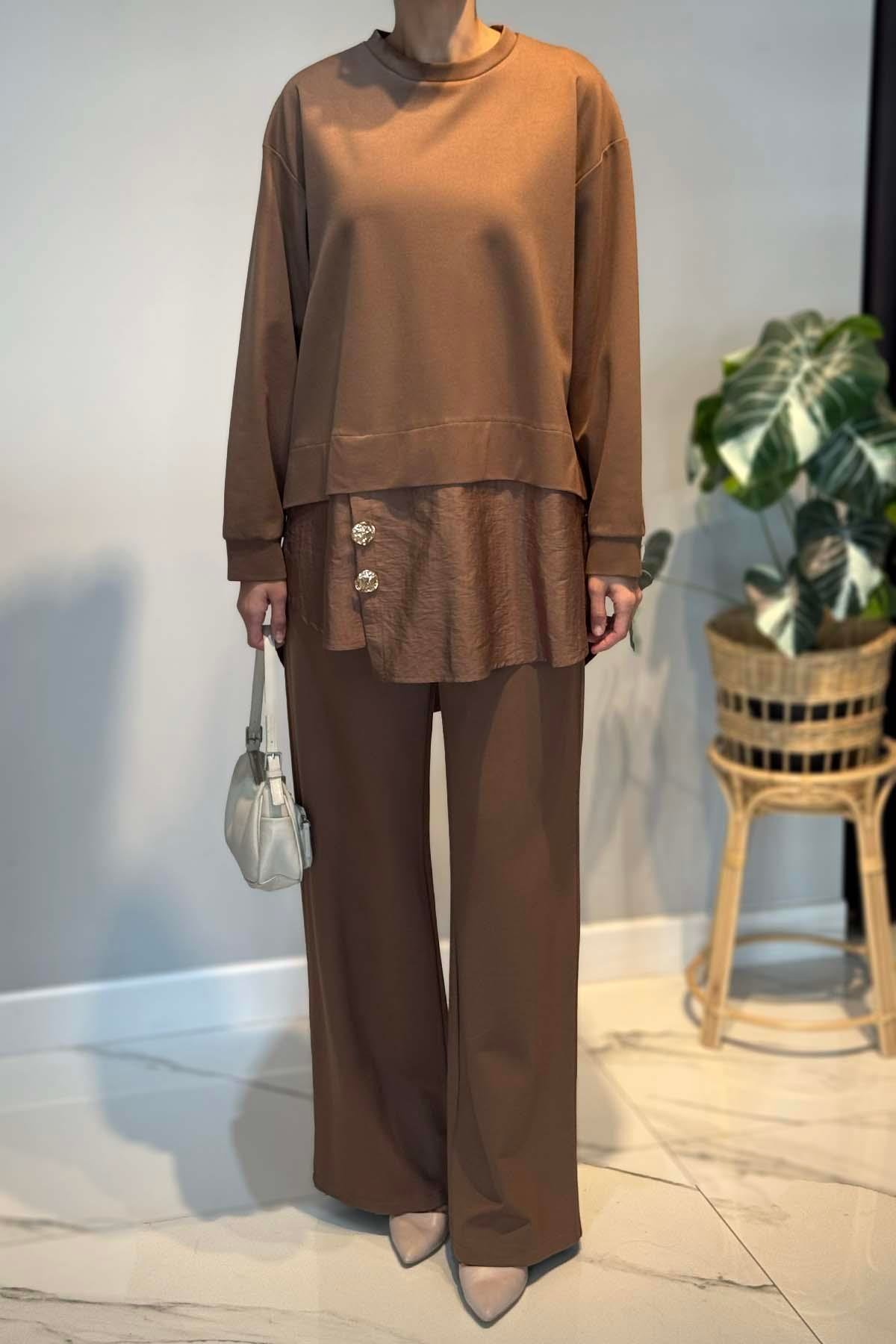 Önü Gold Düğme Detaylı Pantolonlu Takım 6931 Camel