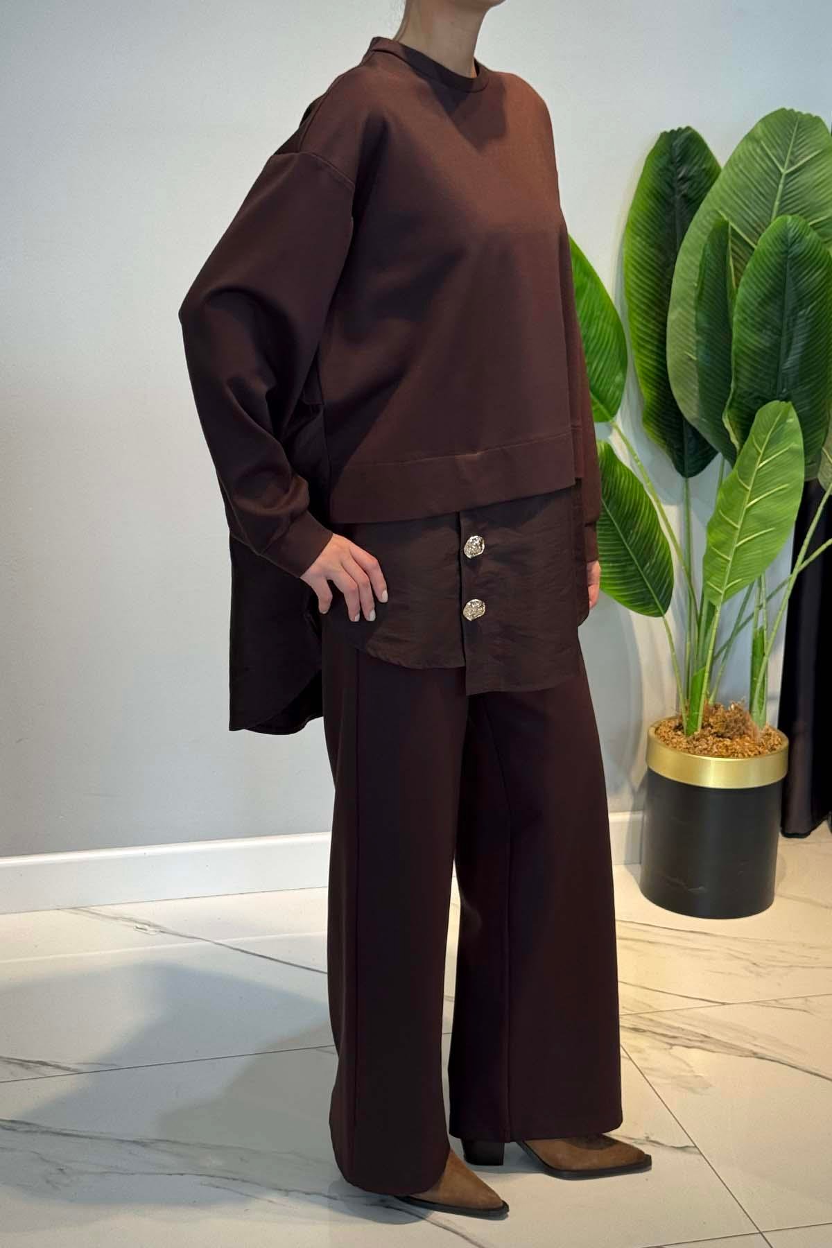 Önü Gold Düğme Detaylı Pantolonlu Takım 6931 Kahverengi